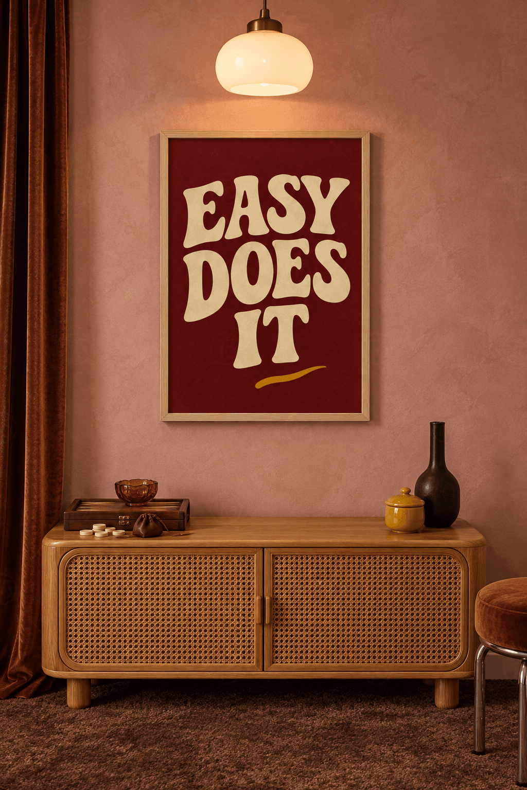 Easy Does It — Bordo Zeminde Dalgalı Yazı