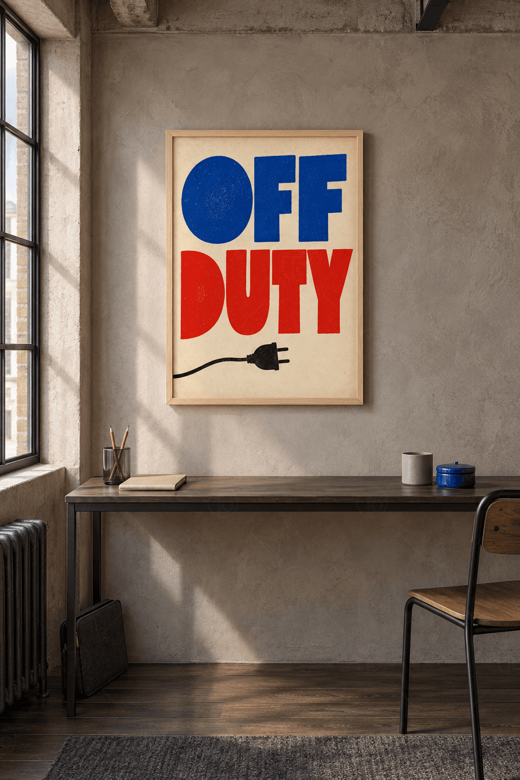 Off Duty — Mavi Kırmızı Blok Harfler ve Fiş