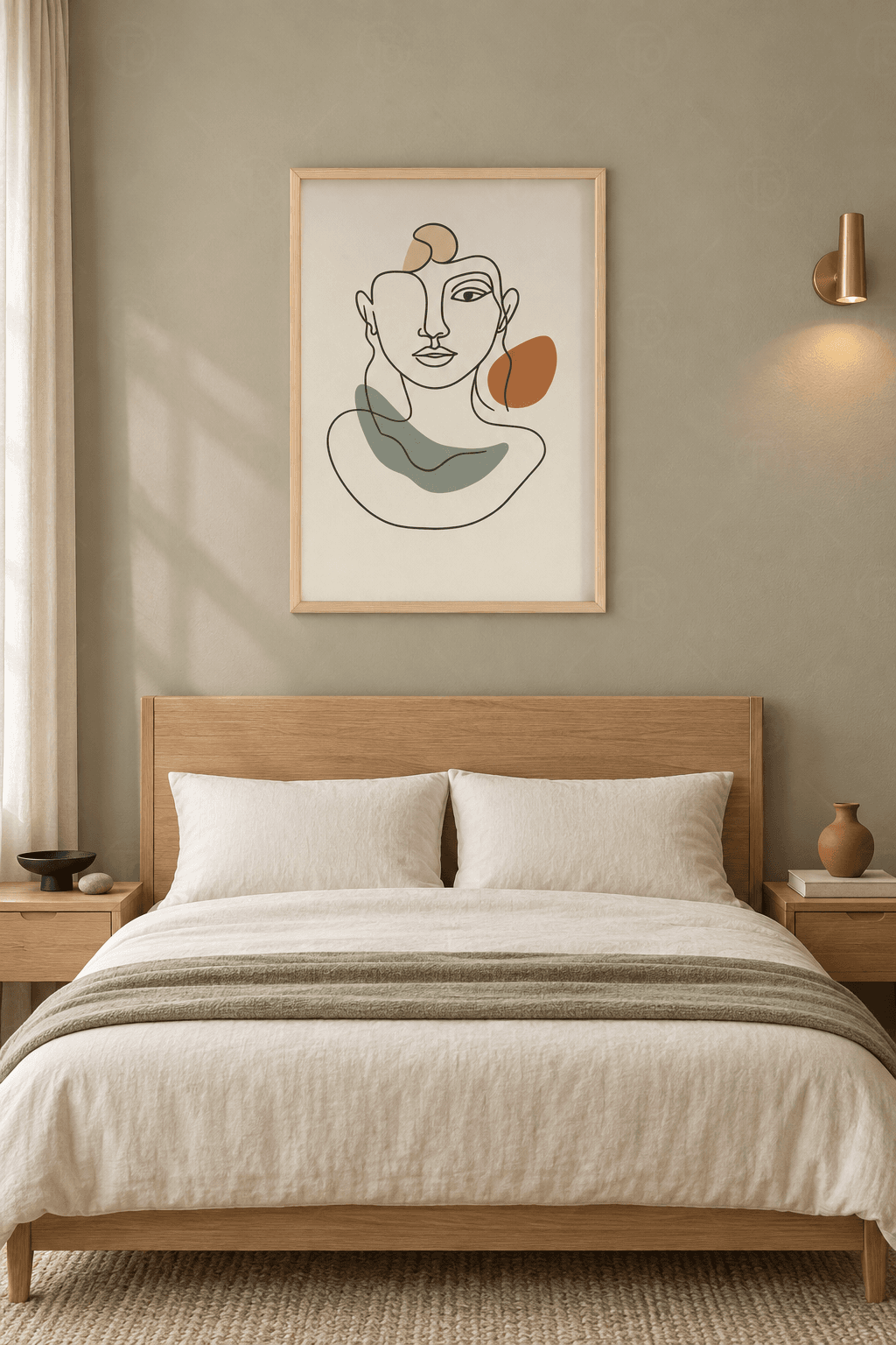 Ahşap çerçeveli line art tablo — bej zeminde tek çizgi kadın yüzü, kiremit ve adaçayı yeşili lekeler