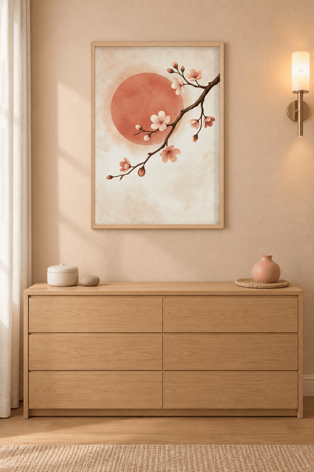 Ahşap çerçeveli sakura tablosu — krem zeminde kiremit güneş ve sağdan sol alta inen pembe çiçekli dal