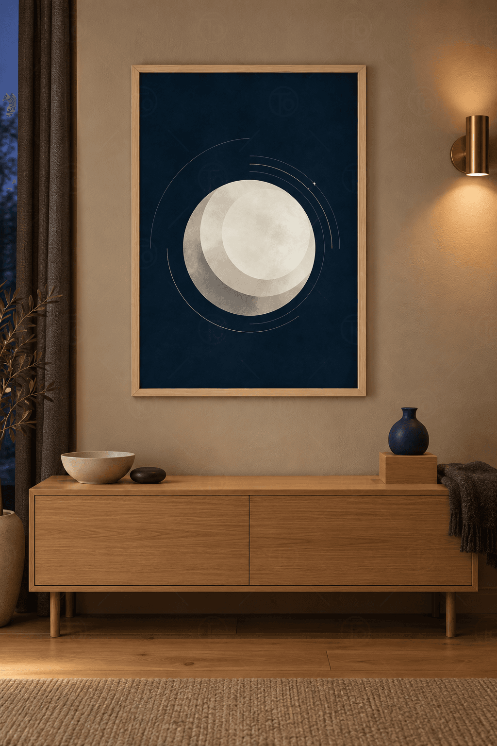 Ahşap çerçeveli ay tablosu — lacivert zeminde krem-gri ay, ince yörünge yayları ve küçük bir yıldız
