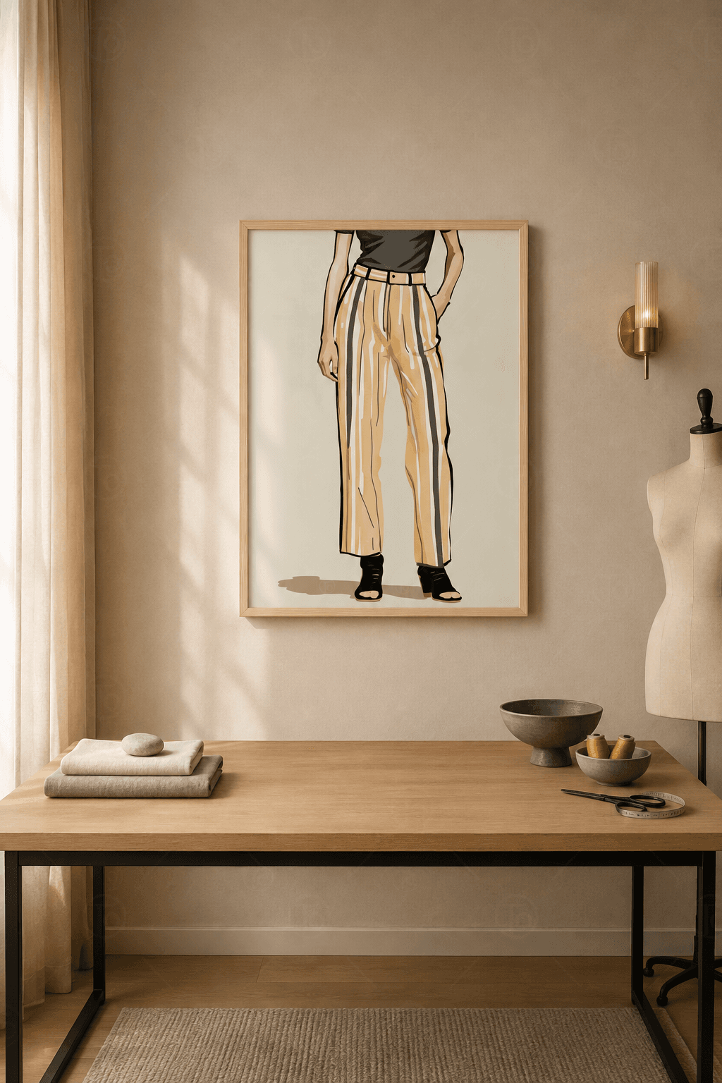 Ahşap çerçeveli moda detay eskizi — çizgili geniş paça pantolon ve siyah topuklu ayakkabılar