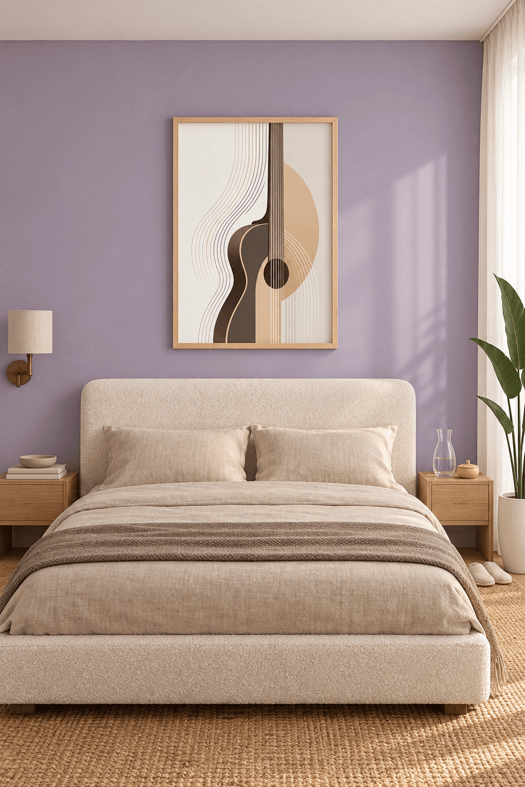Ahşap çerçeveli soyut gitar tablosu — koyu kahve ve kum beji katmanlı gitar, dalgalı ince çizgiler ve şeftali daire
