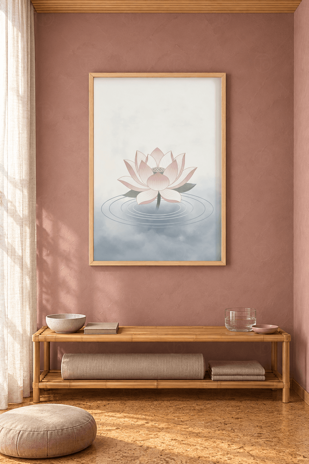 Ahşap çerçeveli lotus tablosu — gri-mavi sis üstünde pembe lotus, iki yaprak ve suda eş merkezli halkalar