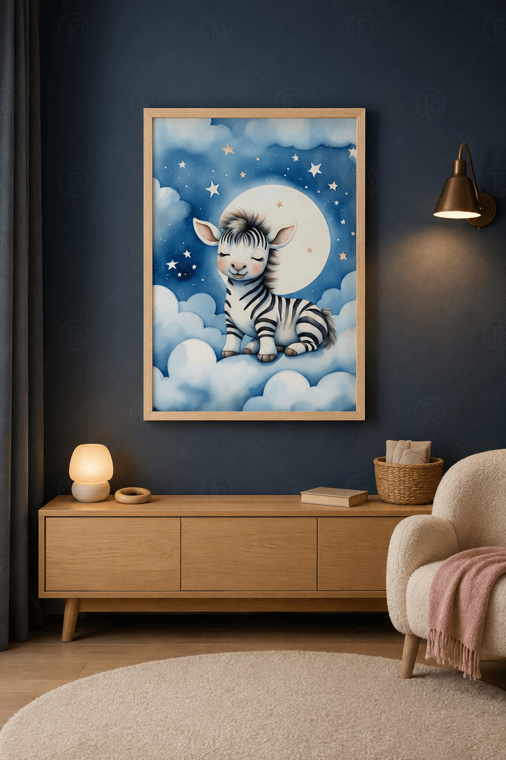Ahşap çerçeveli gece temalı bebek tablosu — dolunay önünde bulutta uyuyan zebra