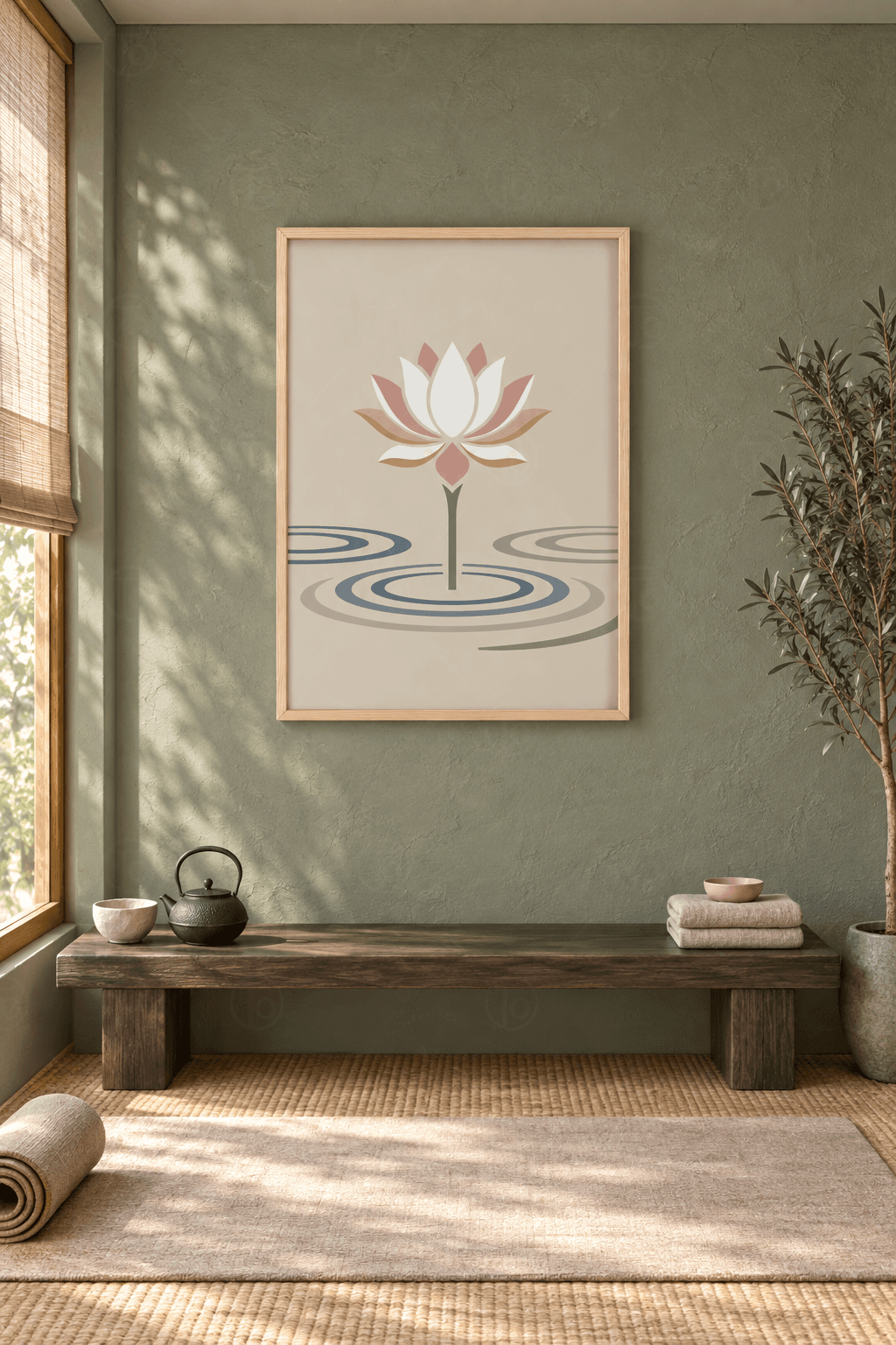 Ahşap çerçeveli lotus tablosu — bej zeminde beyaz ve pudra pembesi tek lotus, gri-mavi su halkaları