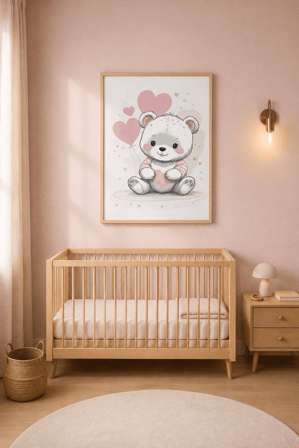 Ahşap çerçeveli bebek odası ayıcık tablosu — pembe kalp tutan ayıcık ve kalp yağmuru