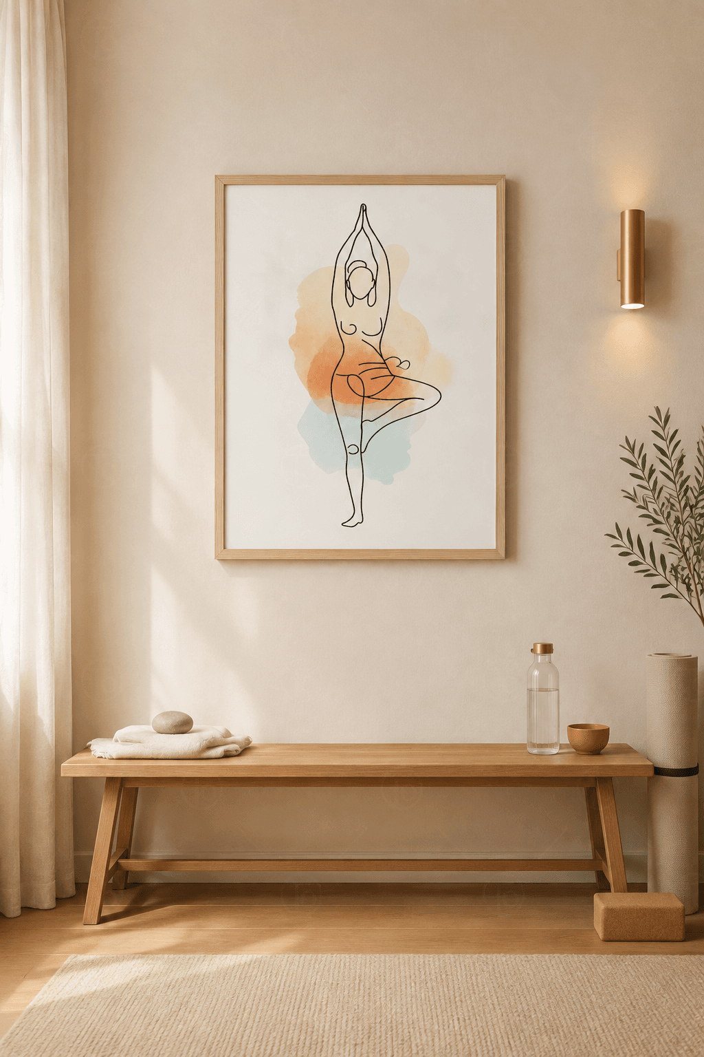 Ahşap çerçeveli line-art tablo — yoga ağaç duruşunda tek çizgi kadın figürü, suluboya lekeler