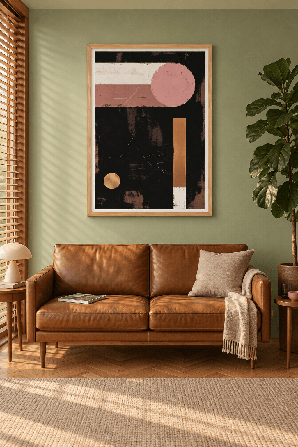 Ahşap çerçeveli retro geometri tablosu — siyah zeminde krem ve pembe şeritler, pembe daire, bakır tonlu şerit ve daire
