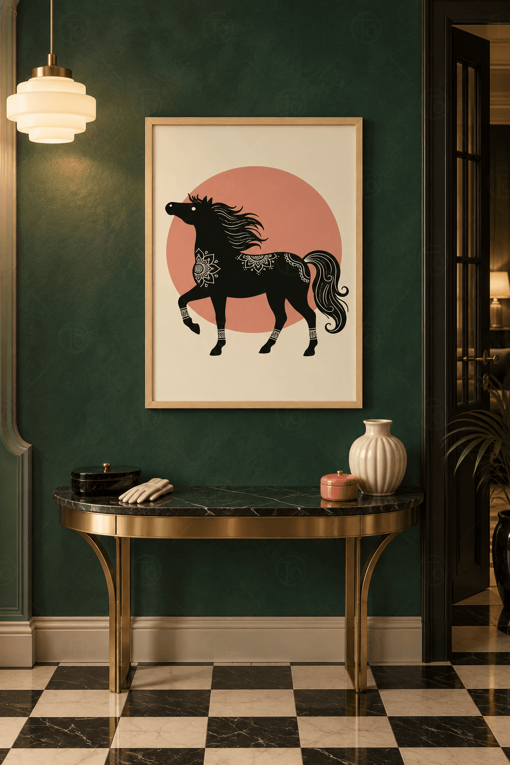 Ahşap çerçeveli at tablosu — pembe daire önünde ön ayağını kaldırmış, beyaz çiçek motifli siyah at silueti