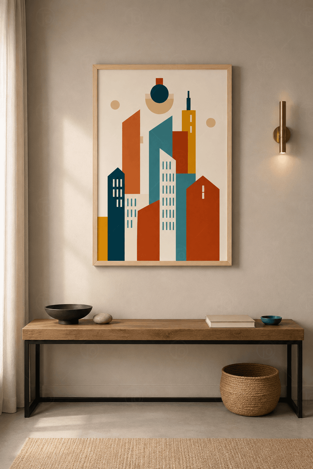 Ahşap çerçeveli mid-century tablo — renk bloklu geometrik şehir siluetleri, krem zemin