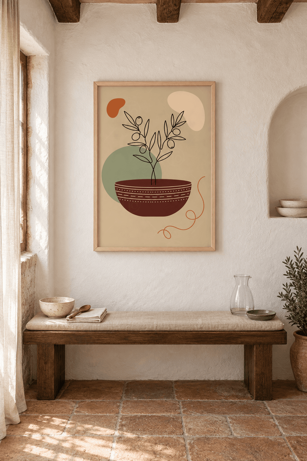 Ahşap çerçeveli zeytin dalı tablosu — bej zeminde krem bantlı koyu kahve kase, çizgi zeytin dalları ve adaçayı daire