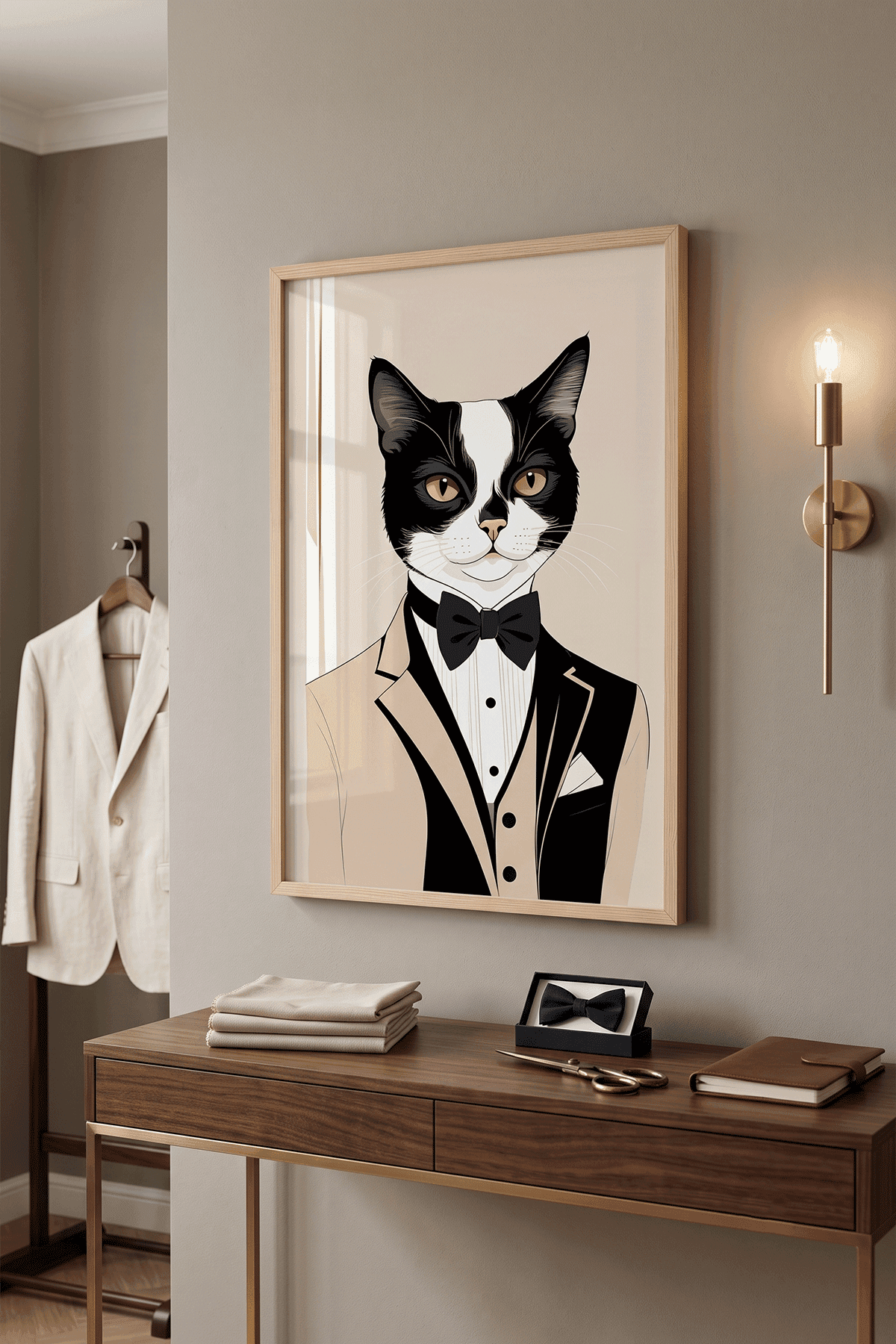 Centilmen — Bej Takımlı Kedi Tablosu