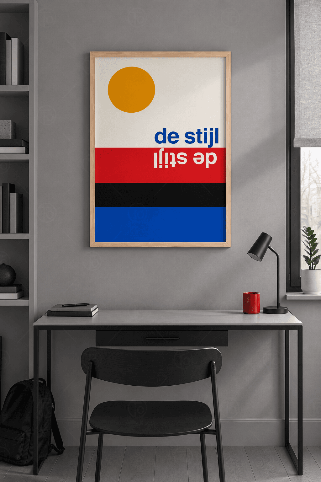 Ahşap çerçeveli poster tablosu — krem zeminde hardal sarısı daire, altında kırmızı, siyah ve mavi geniş şeritler