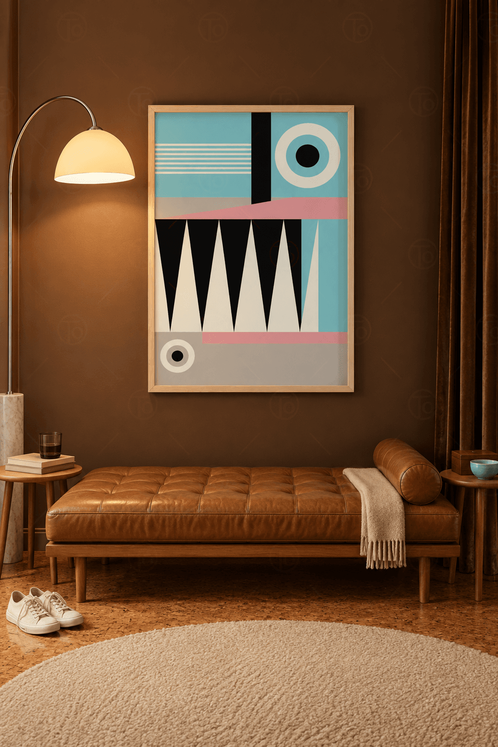 Ahşap çerçeveli bauhaus tablosu — buz mavisi, pembe ve krem bloklar arasında siyah üçgen dizisi ve iki halkalı daire