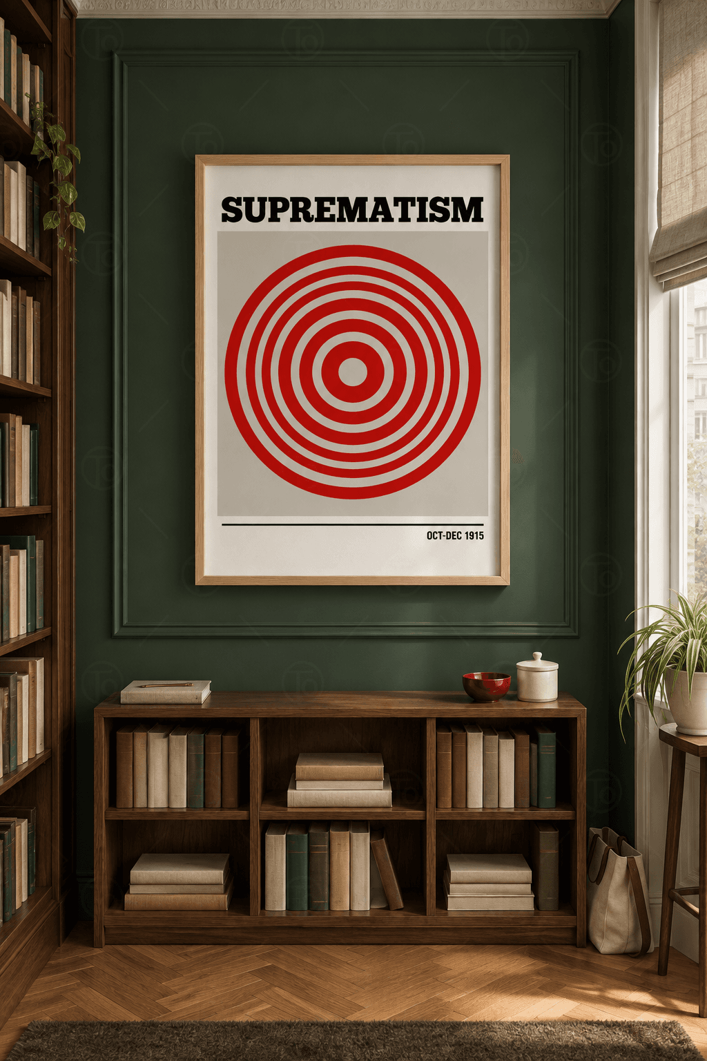 Ahşap çerçeveli geometrik poster tablosu — gri-bej panoda küçük gri noktayı saran altı kırmızı eşmerkezli halka