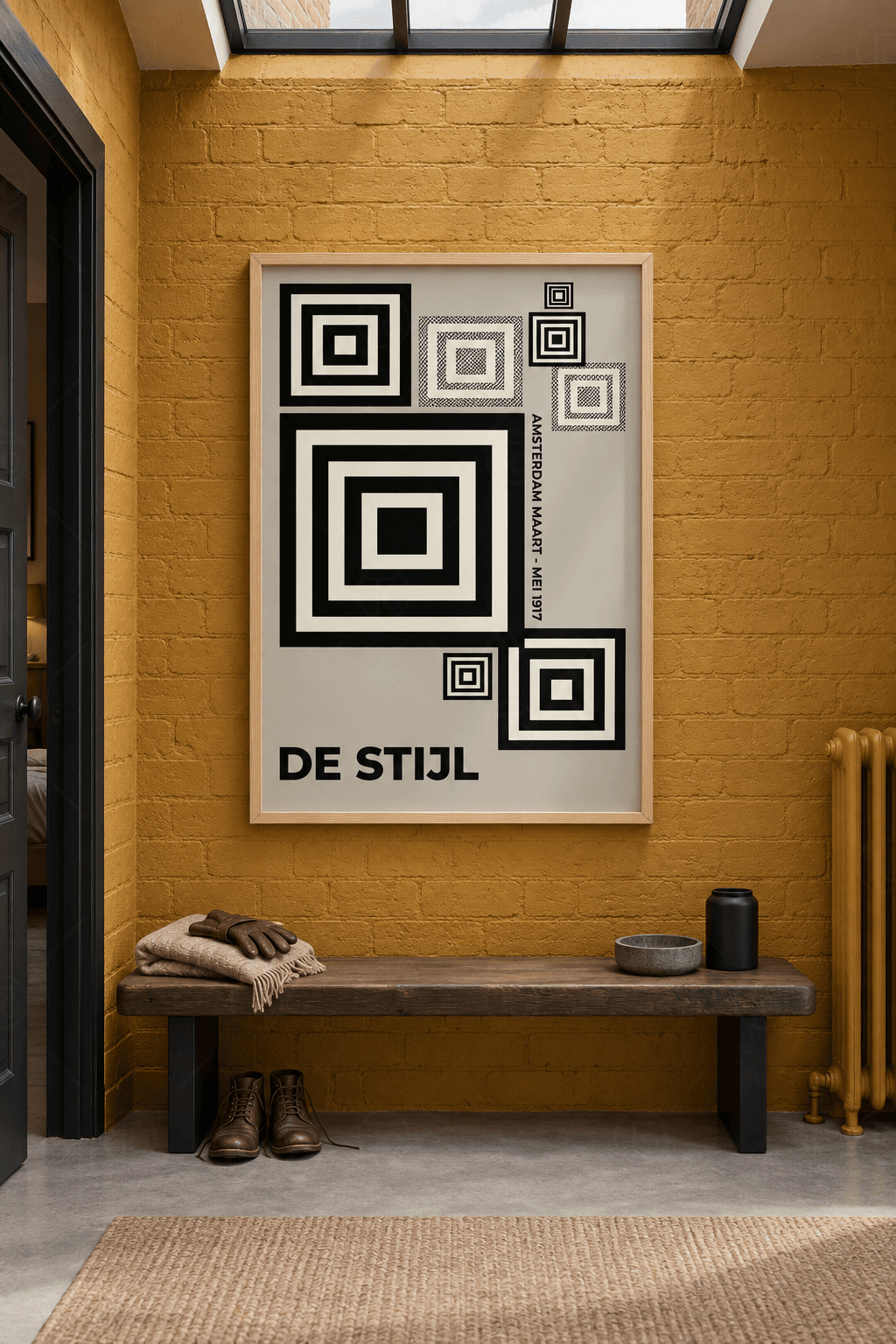 Ahşap çerçeveli siyah beyaz kare tablosu — gri zeminde siyah-krem bantlı, ikisi noktalı sekiz iç içe kare