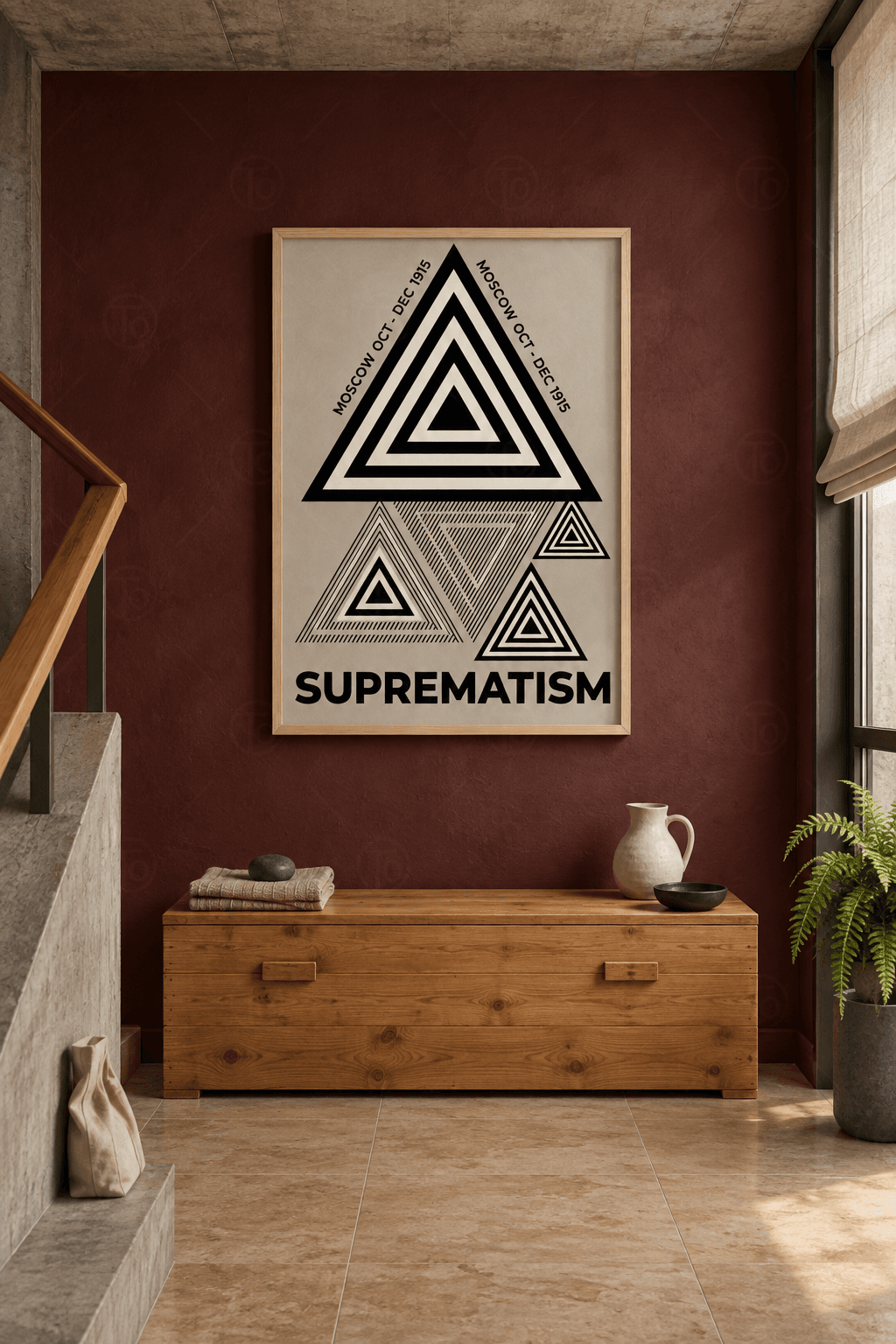 Ahşap çerçeveli üçgen poster tablosu — gri zeminde siyah-krem bantlı büyük üçgen, altında biri ters dört küçük üçgen