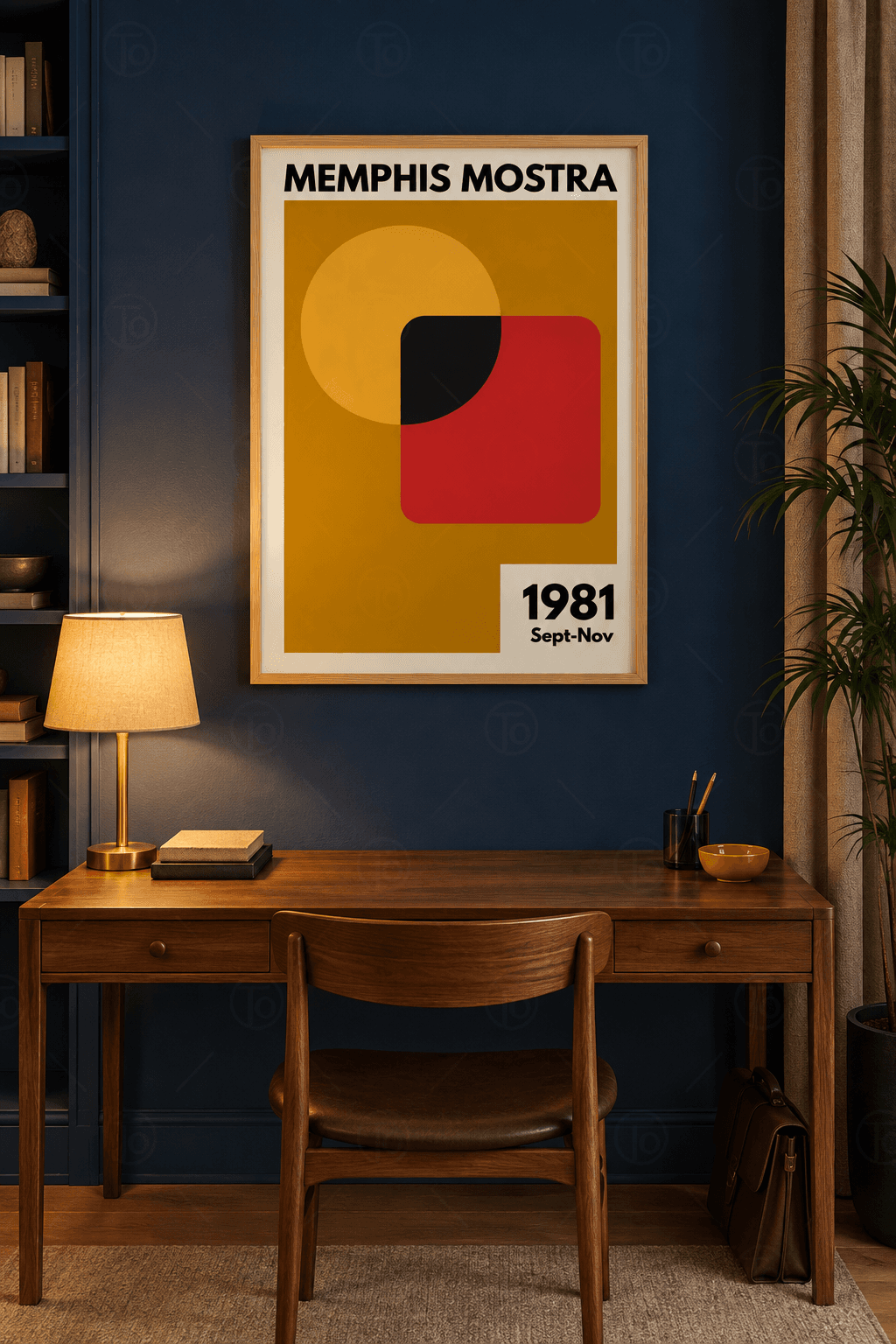 Ahşap çerçeveli geometrik poster tablosu — koyu hardal zeminde bal sarısı daire ve kırmızı yuvarlak kare, kesişim siyah