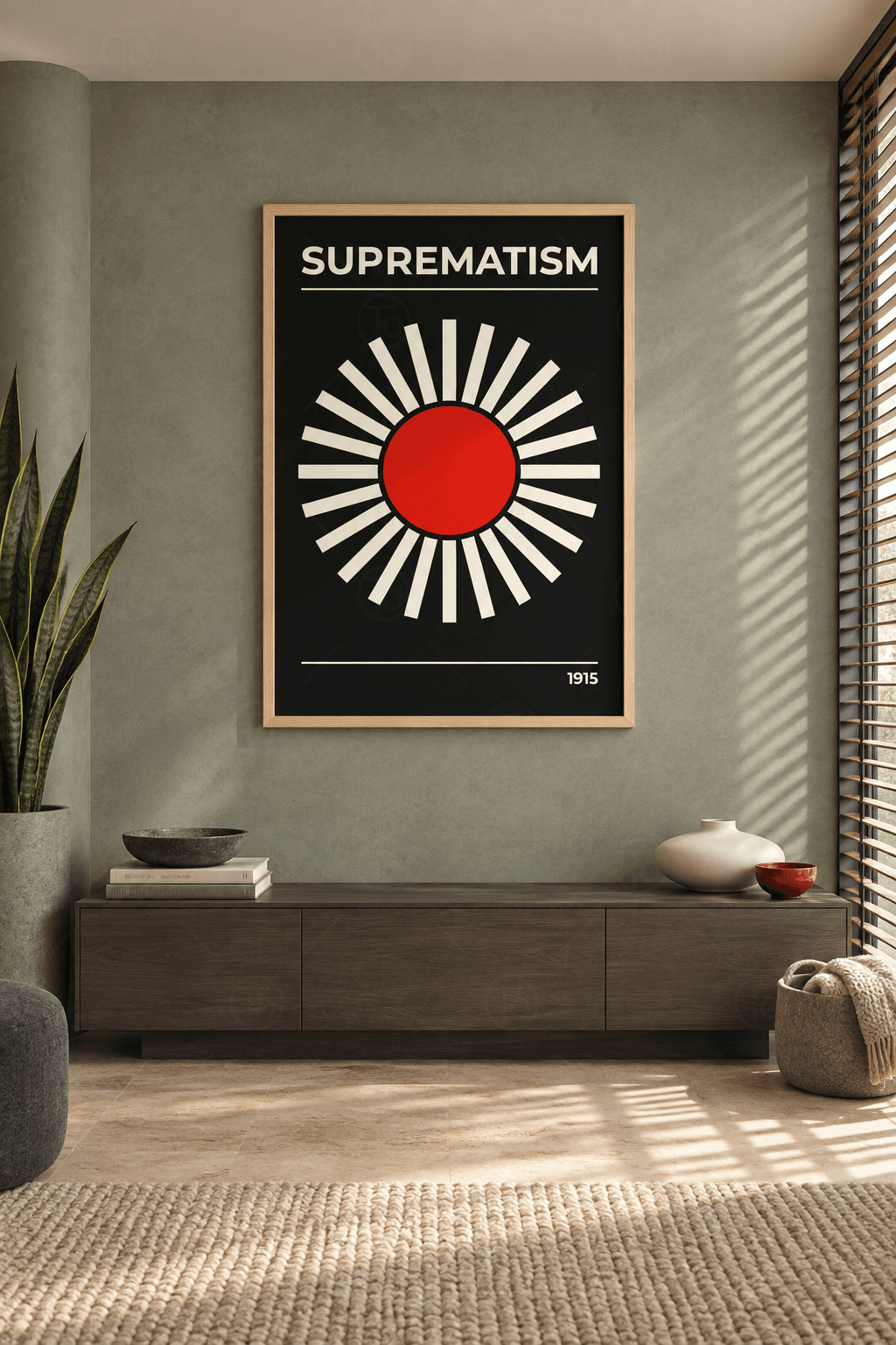 Ahşap çerçeveli retro poster tablosu — siyah zeminde kırmızı dairenin çevresinde yirmi dört krem çubuk ışın