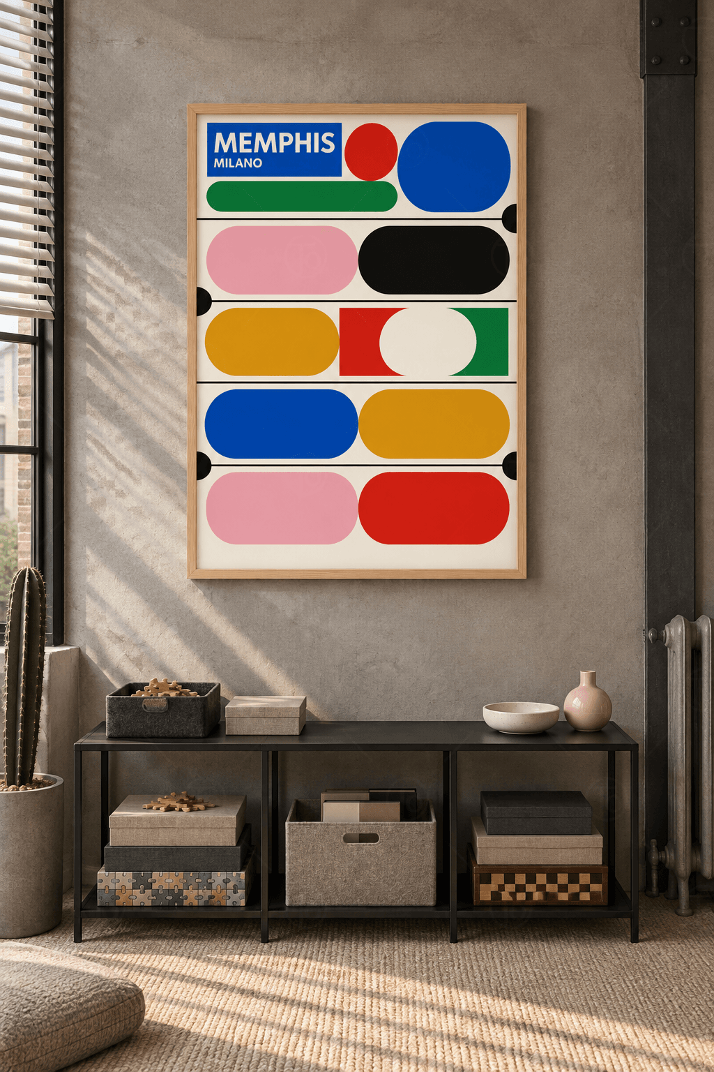 Ahşap çerçeveli pop art poster tablosu — kırık beyaz zeminde pembe, siyah, hardal, kobalt, kırmızı ve yeşil kapsüller