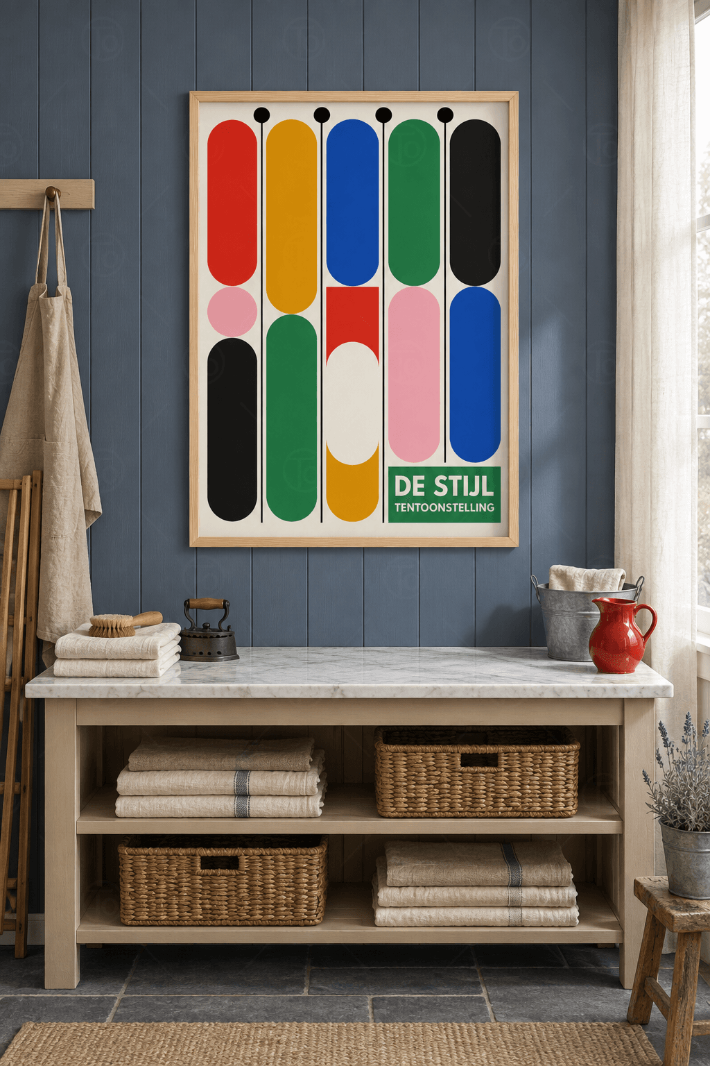 Ahşap çerçeveli pop art poster tablosu — kırık beyaz zeminde beş sütunda kırmızı, hardal, kobalt, yeşil, siyah kapsüller