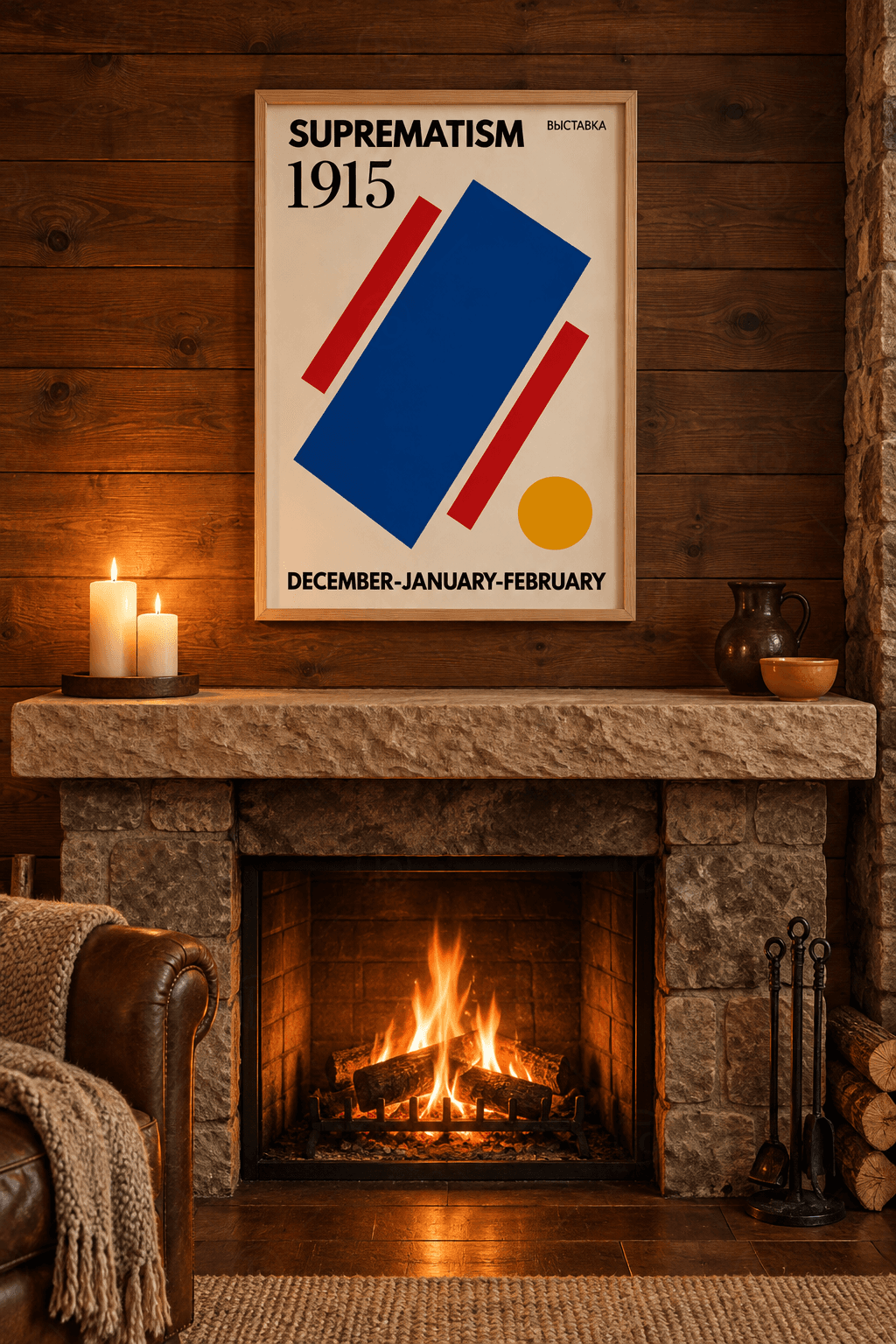 Ahşap çerçeveli geometrik poster tablosu — krem zeminde eğik kobalt dikdörtgen, paralel iki kırmızı çubuk ve sarı daire