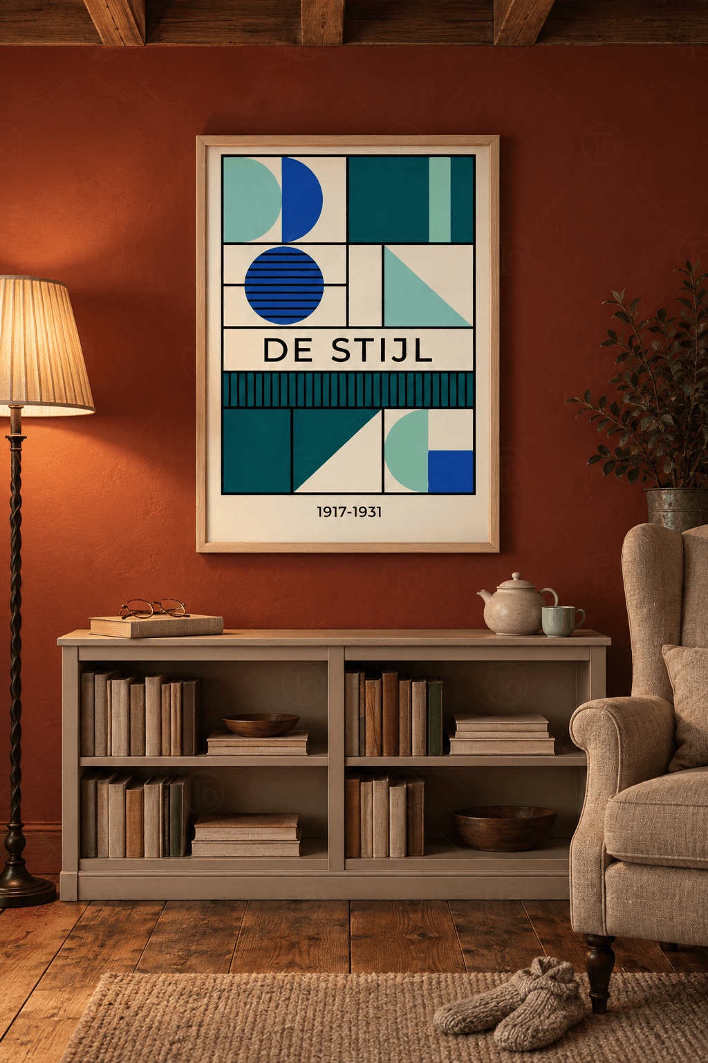 Ahşap çerçeveli retro poster tablosu — krem zeminde siyah ızgarada petrol, kobalt, nane yarım daireler ve çizgili daire