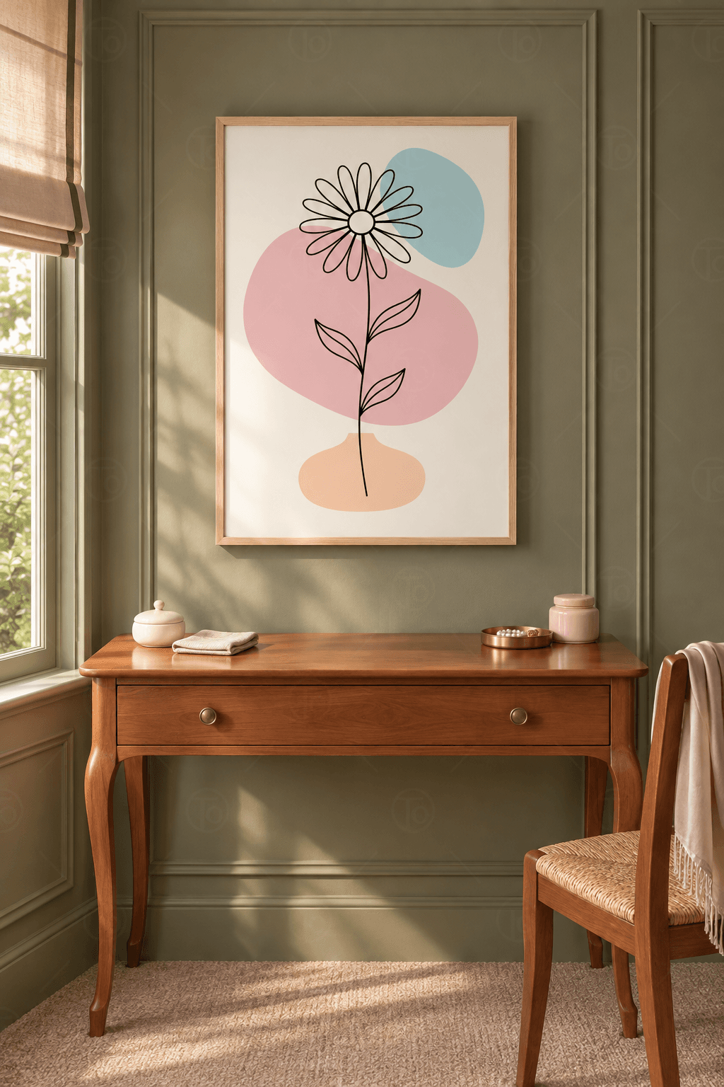 Ahşap çerçeveli line art çiçek tablosu — krem zeminde siyah çizgi papatya, pembe ve buz mavisi lekeler, şeftali tonlu vazo