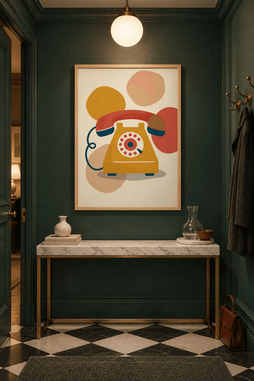 Ahşap çerçeveli retro telefon tablosu — krem zeminde hardal gövdeli mercan ahizeli çevirmeli telefon ve pastel lekeler