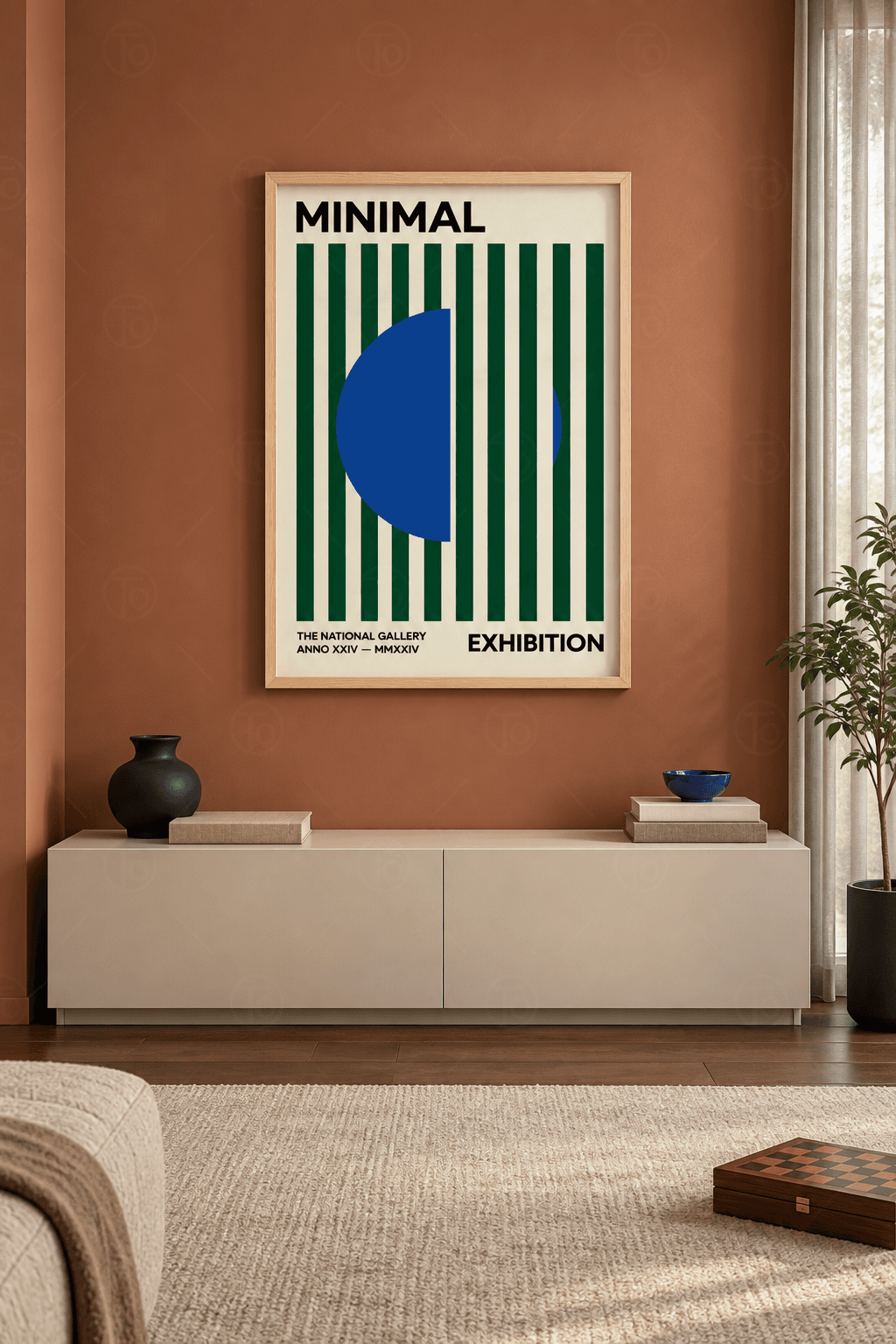 Ahşap çerçeveli bauhaus poster tablosu — krem zeminde on koyu yeşil dikey şerit ve kobalt mavisi yarım daire