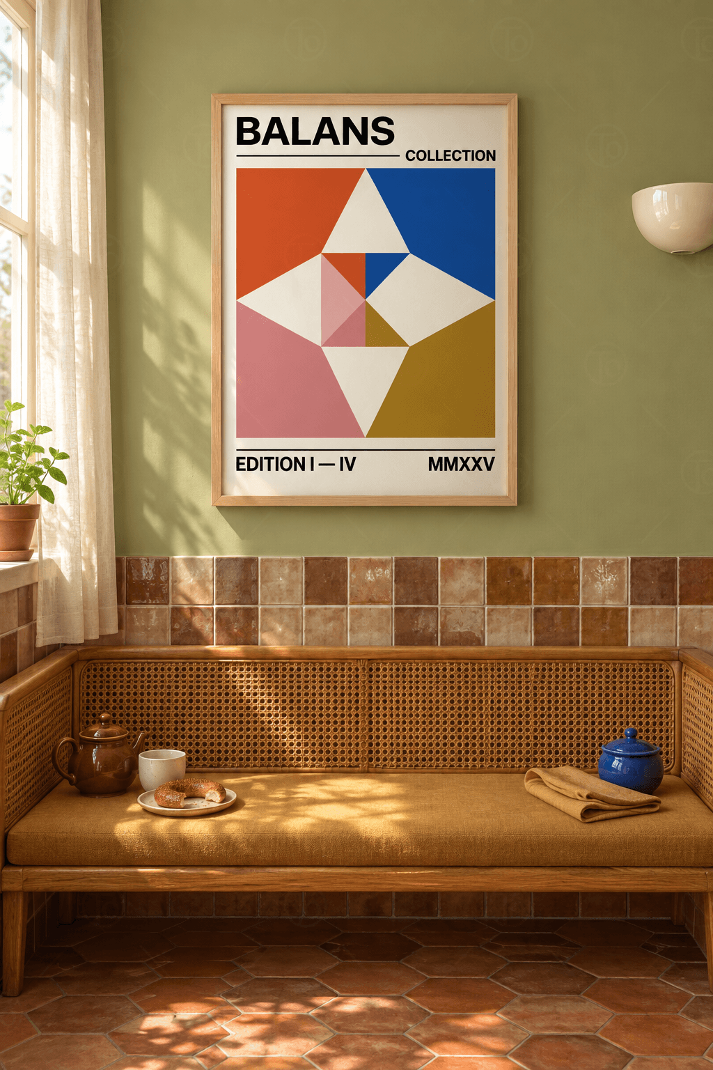 Ahşap çerçeveli mozaik poster tablosu — turuncu, kobalt, pembe ve zeytin hardalı çokgenler arasında krem yıldız