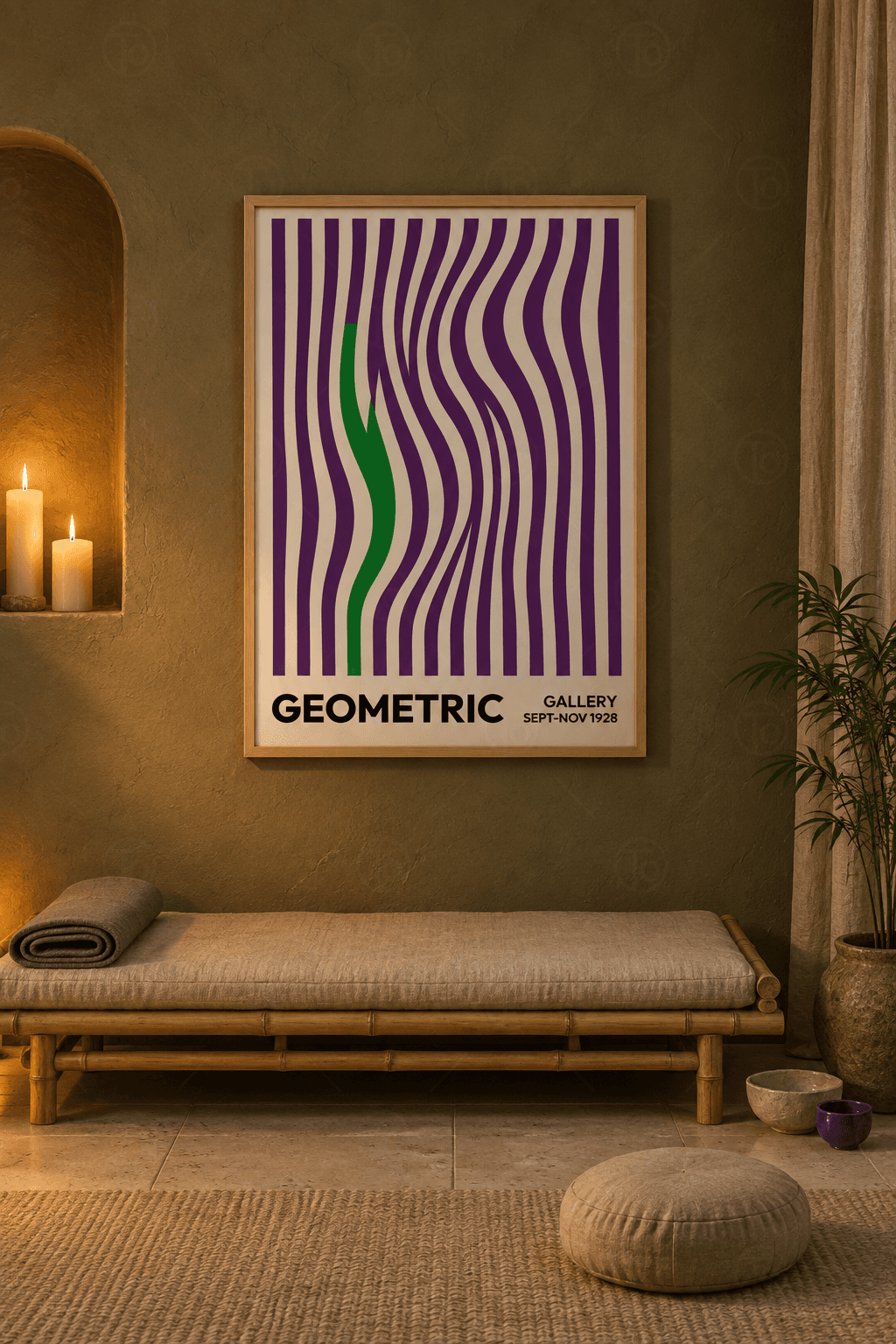 Ahşap çerçeveli geometrik poster tablosu — krem zeminde dalgalanan mor dikey çizgiler ve kıvrılan yeşil şerit
