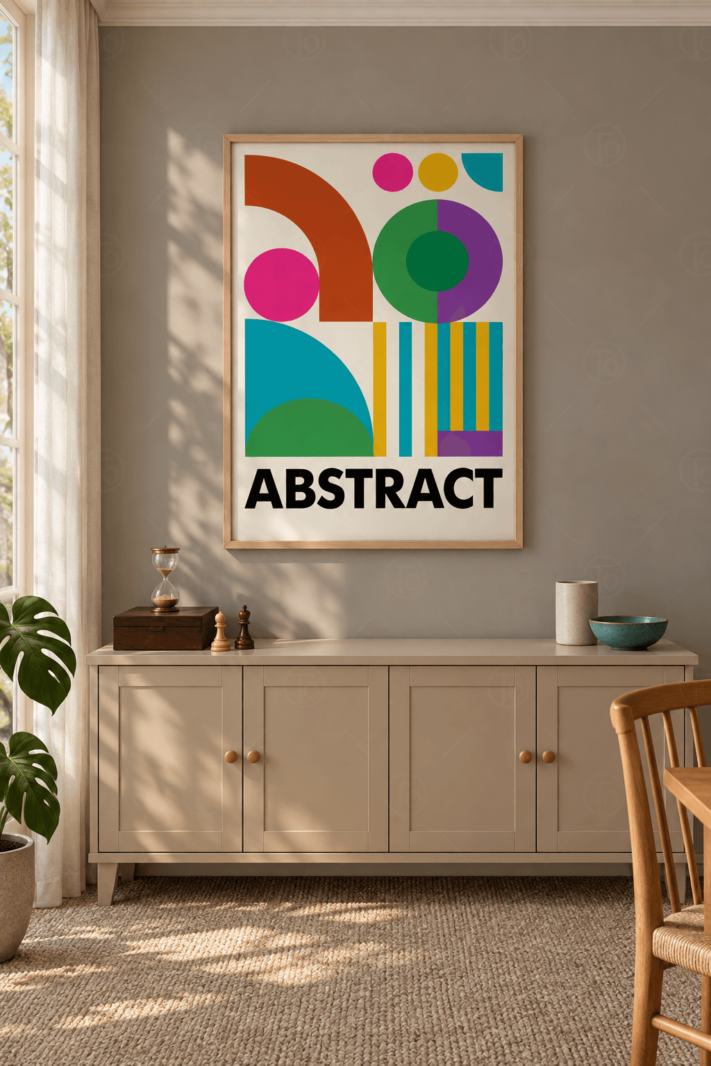 Ahşap çerçeveli soyut poster tablosu — krem zeminde kiremit çeyrek halka, pembe ve yeşil-mor daireler, turkuaz çeyrek