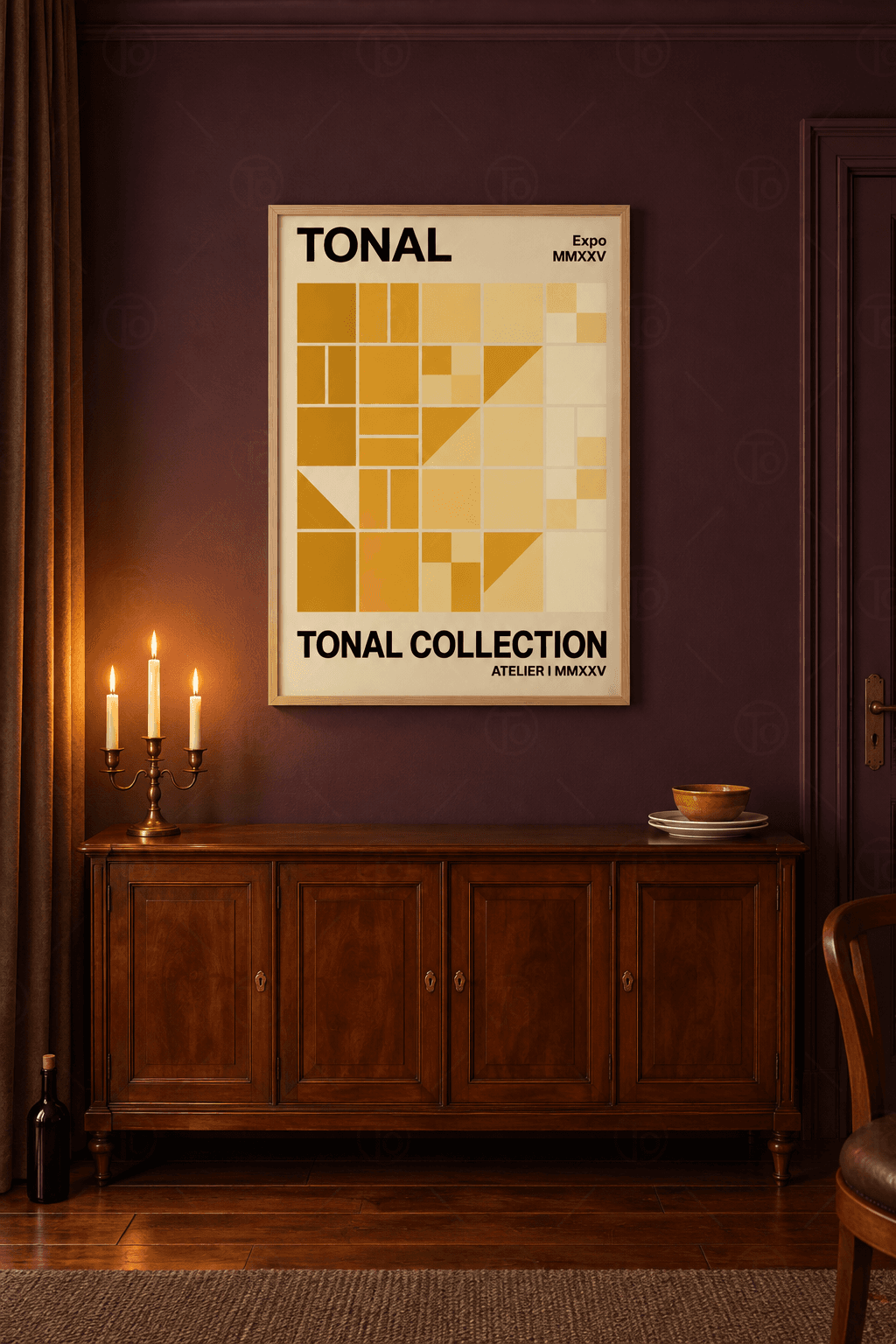 Ahşap çerçeveli tonal poster tablosu — kum beji zeminde koyu hardaldan açık sarıya kademelenen beş sütunlu kare ızgara