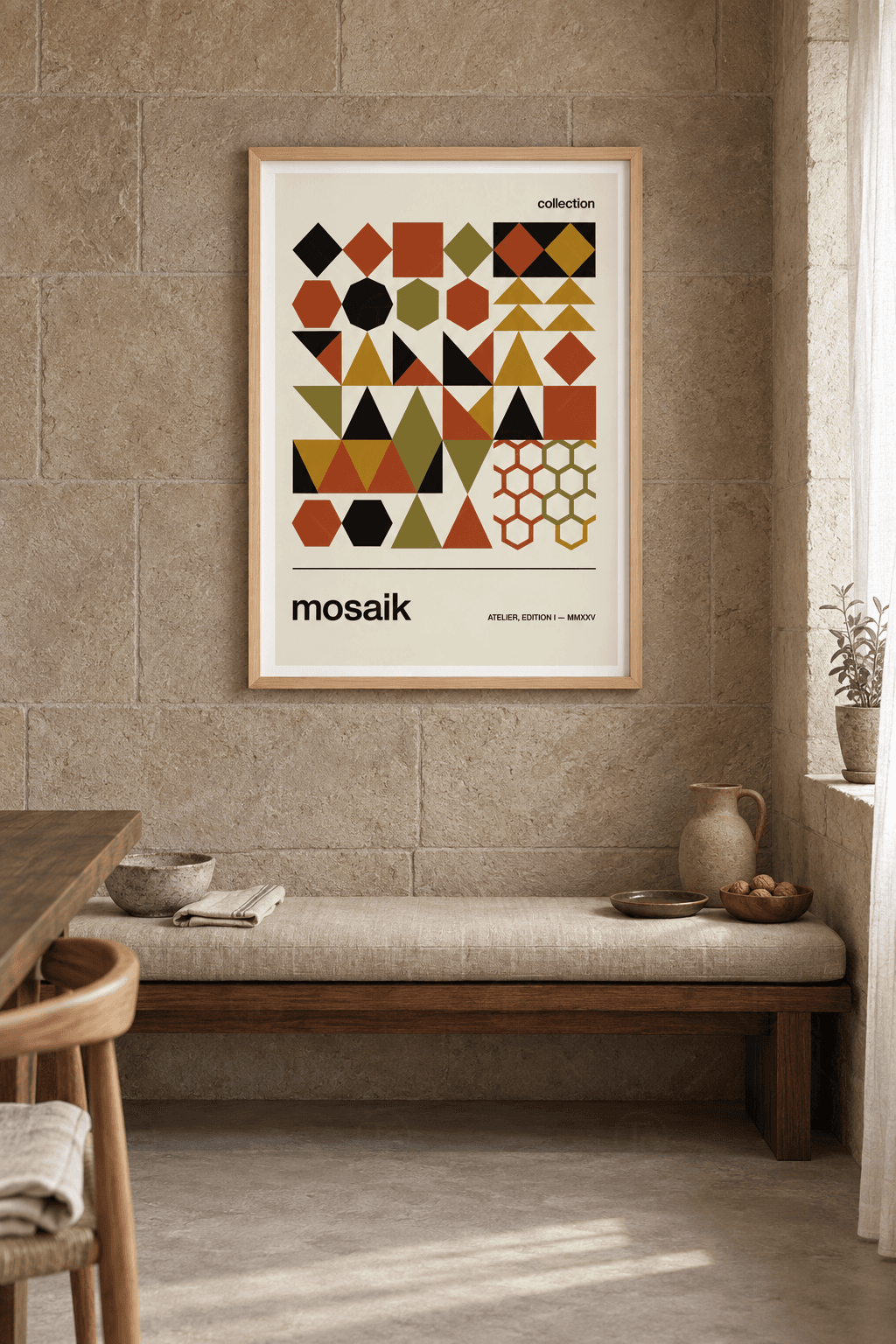 Ahşap çerçeveli mozaik poster tablosu — krem zeminde siyah, kiremit, hardal ve zeytin baklava, altıgen, üçgen ve petekler
