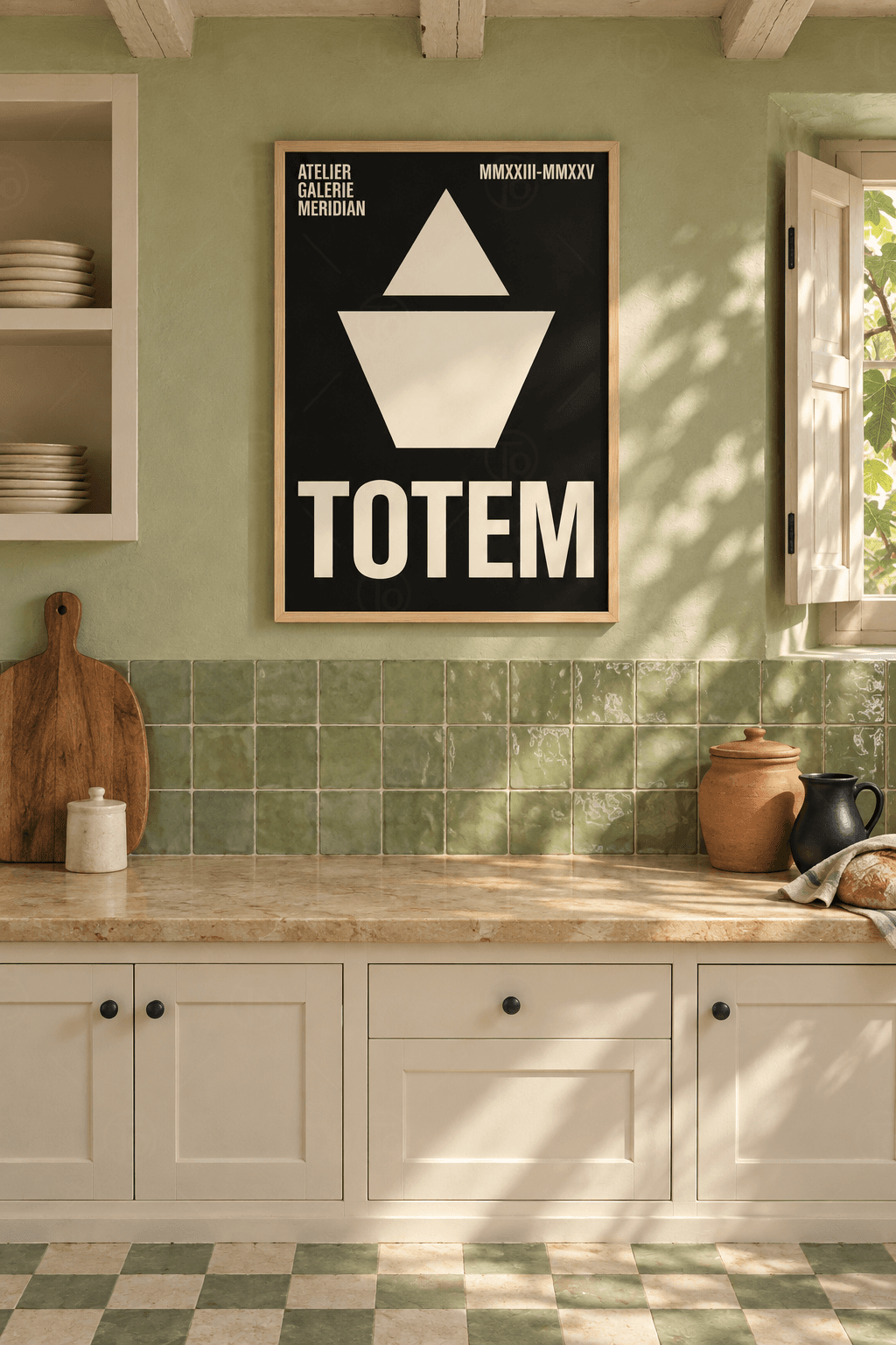 Ahşap çerçeveli totem poster tablosu — siyah zeminde krem üçgen ve altında ters yamuk üst üste