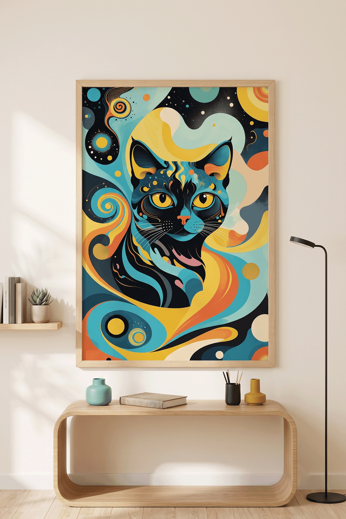 Kozmik Kedi — Renkli Soyut Kedi Portresi