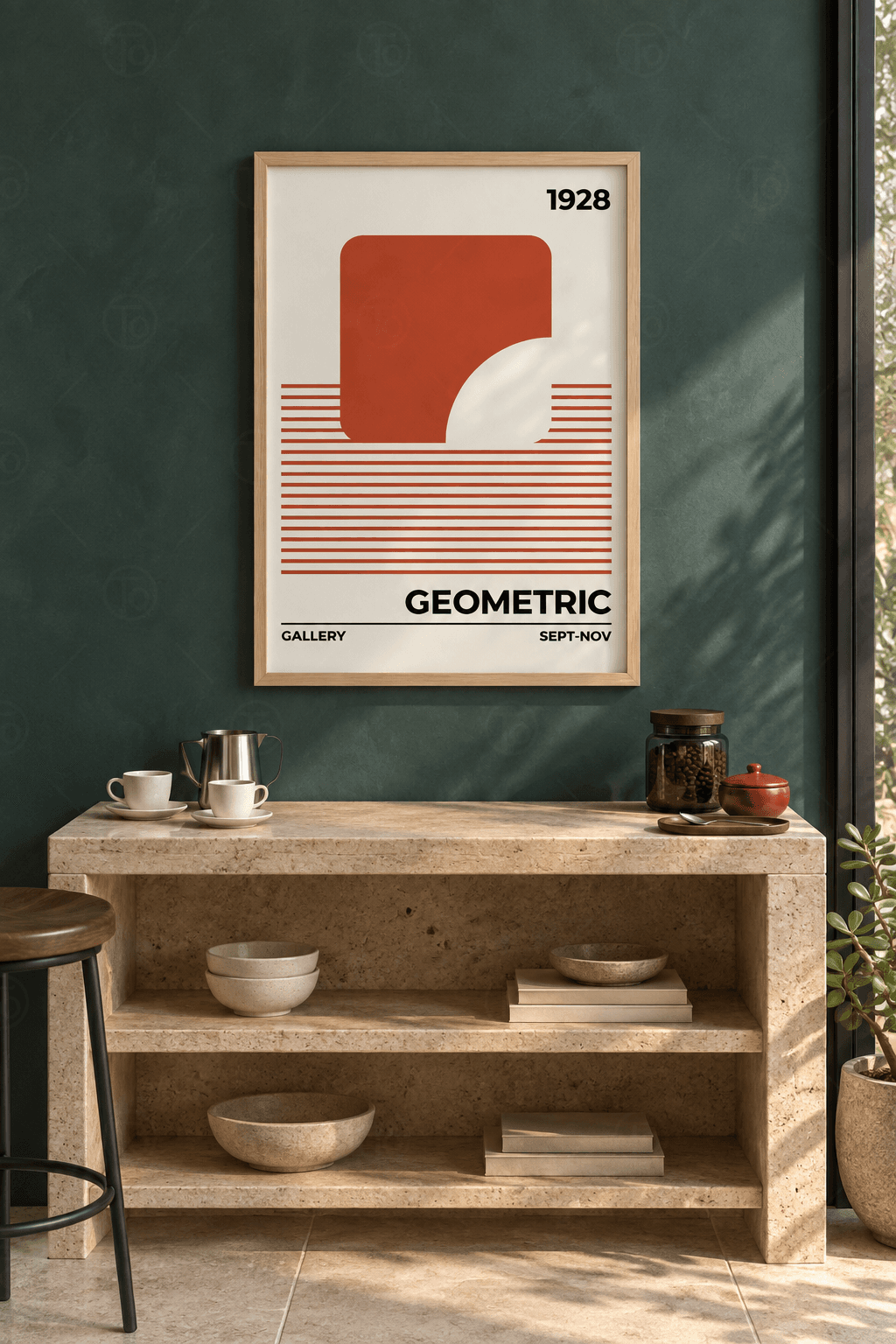 Ahşap çerçeveli grafik afiş tablosu — kırık beyaz zeminde enine kiremit çizgiler ve üst kısmına binen oyuklu yuvarlak kare