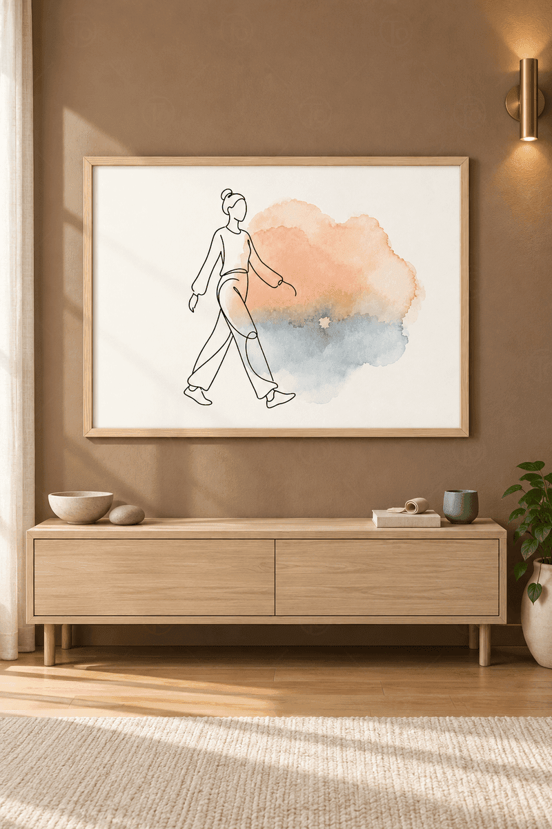 Ahşap çerçeveli line art tablosu — kırık beyaz zeminde tek çizgiyle yürüyen kadın ve şeftali mavi leke