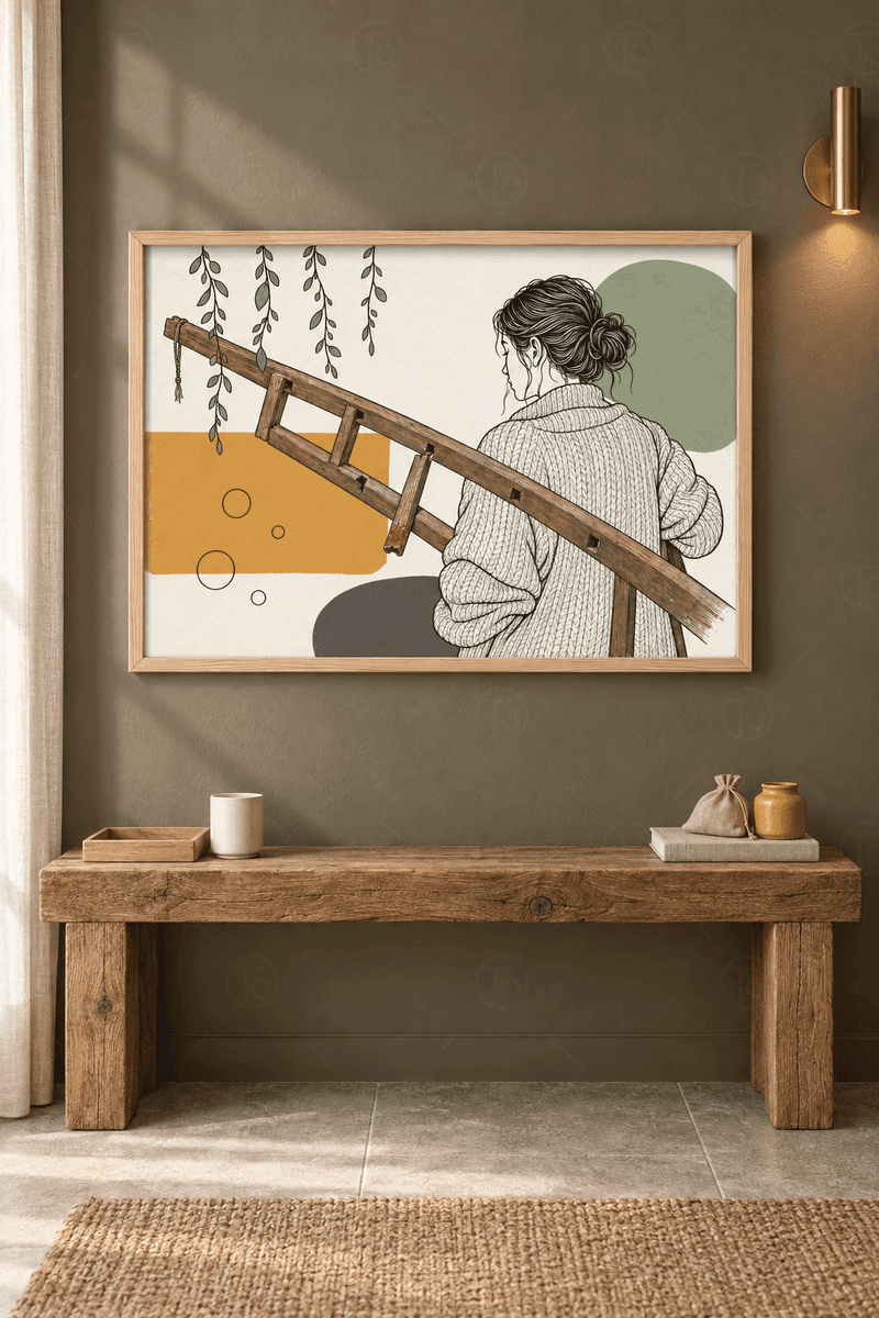 Ahşap çerçeveli line art tablosu — sırtı dönük örgü hırkalı kadın, omzunda ahşap merdiven ve sarkan sarmaşık
