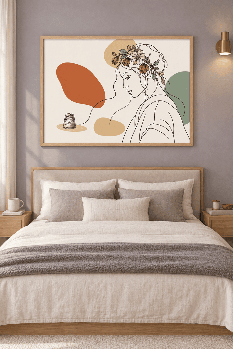 Ahşap çerçeveli line art tablosu — kırık beyaz zeminde tek çizgiyle kadın profili, çiçek taç ve gümüş yüksük