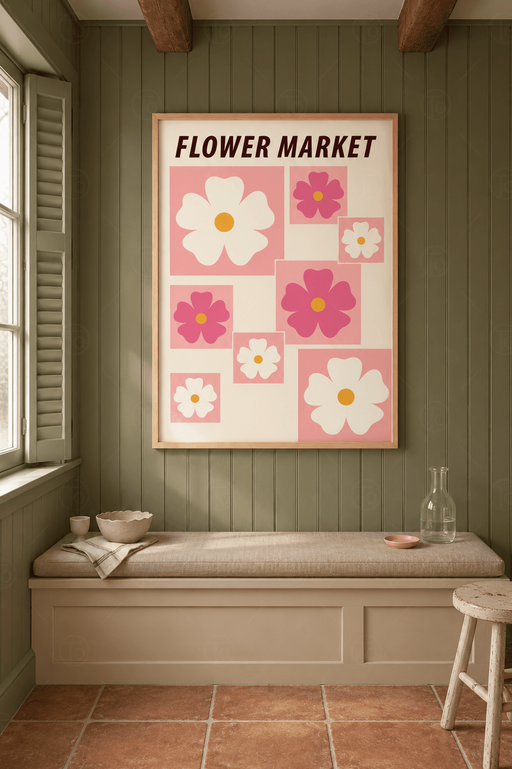 Ahşap çerçeveli çiçek tablosu — krem zeminde sekiz pudra pembe karede hardal göbekli beyaz ve koyu pembe çiçekler