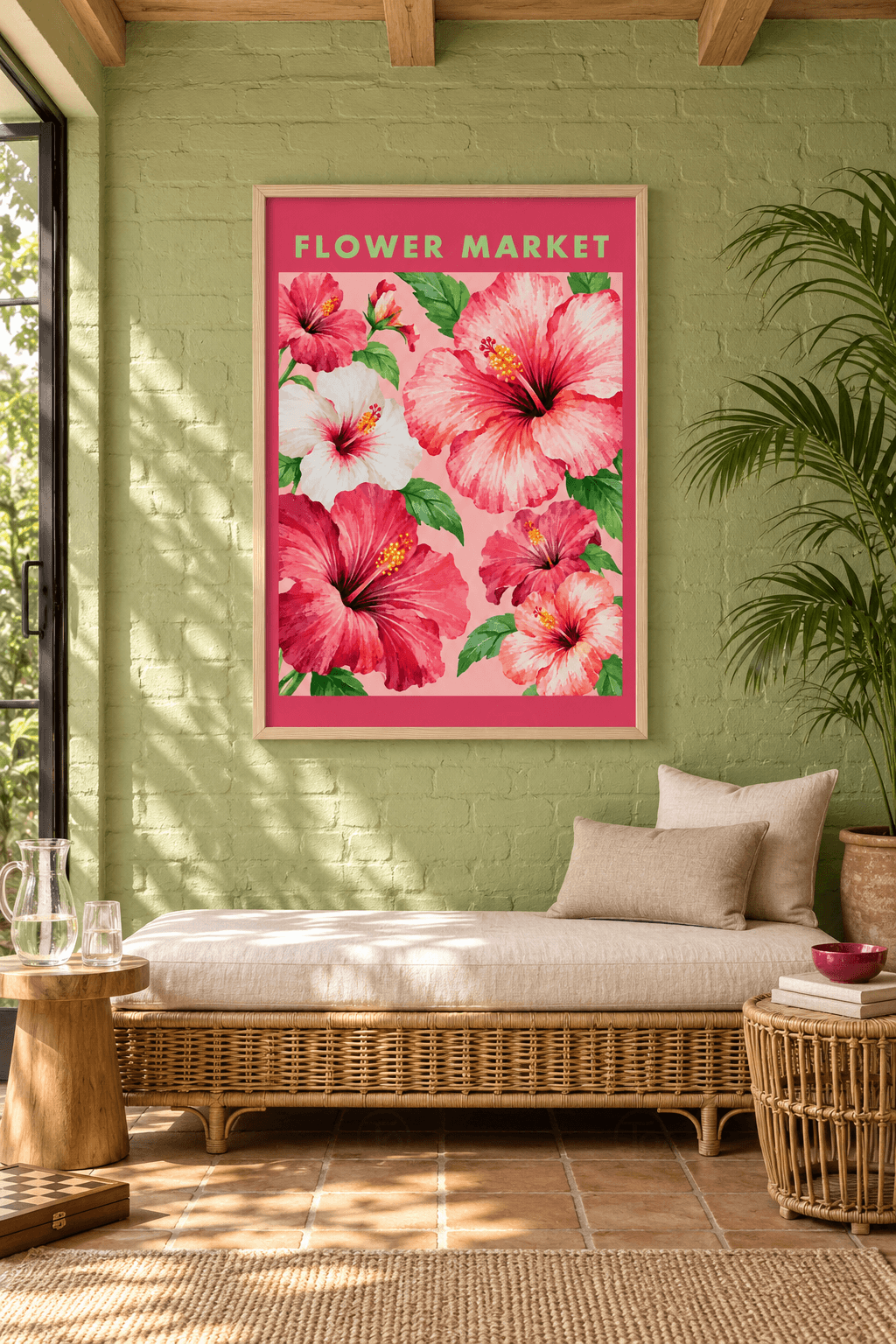 Ahşap çerçeveli hibiskus tablosu — fuşya kenar bandı içinde açık pembe panoda pembe, kırmızı ve beyaz hibiskuslar