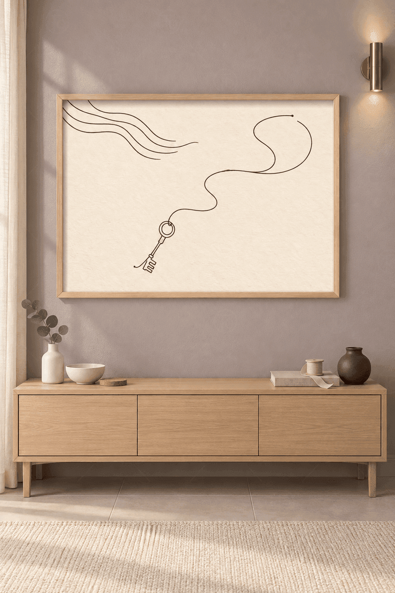 Ahşap çerçeveli line art tablosu — bej kâğıt zeminde tek çizgiyle çizilmiş eski anahtar ve kıvrımlı uzun ip