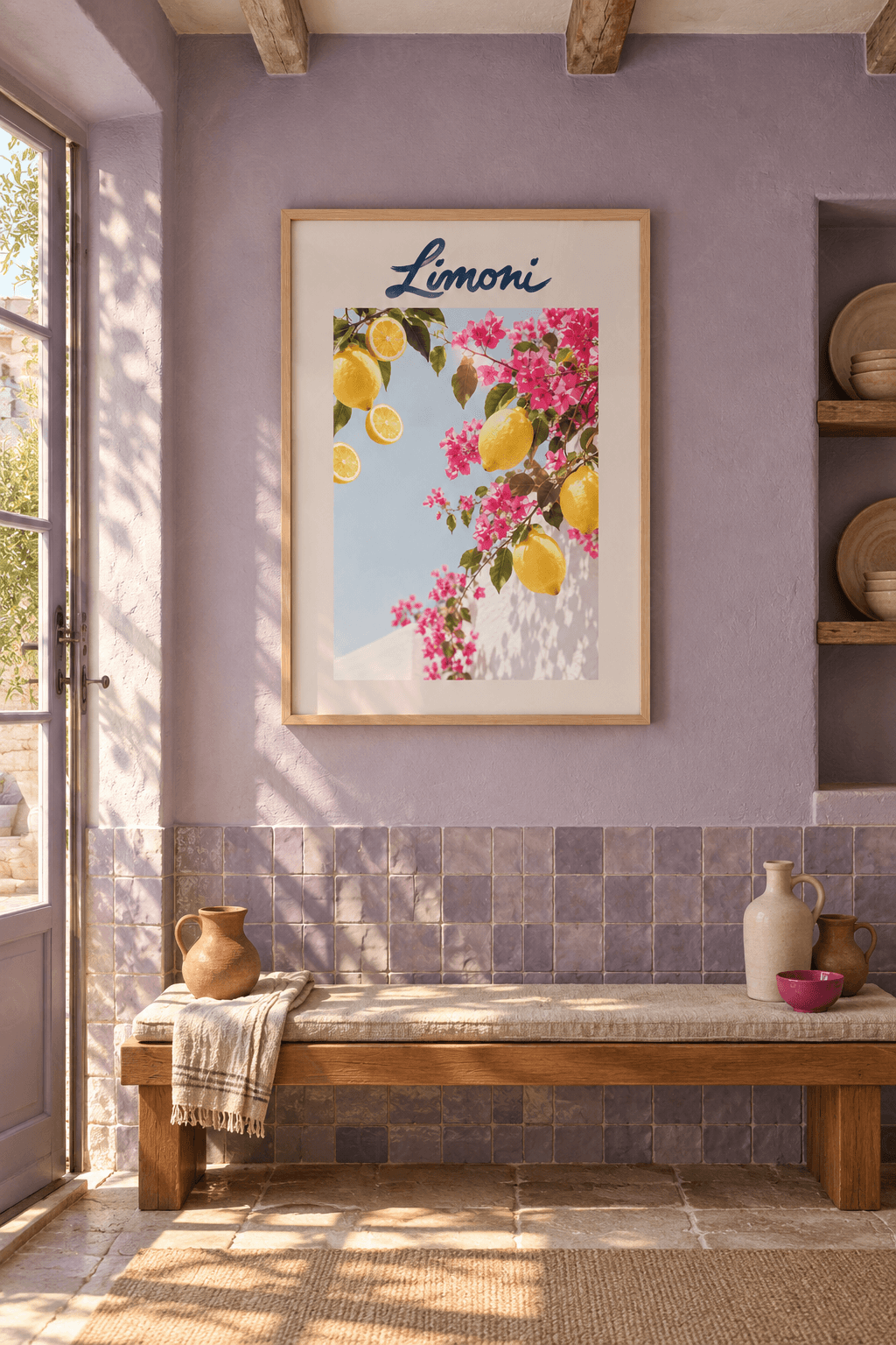 Ahşap çerçeveli limon tablosu — mavi gökyüzü önünde limon dalları, kesik limonlar, pembe begonviller ve beyaz duvar