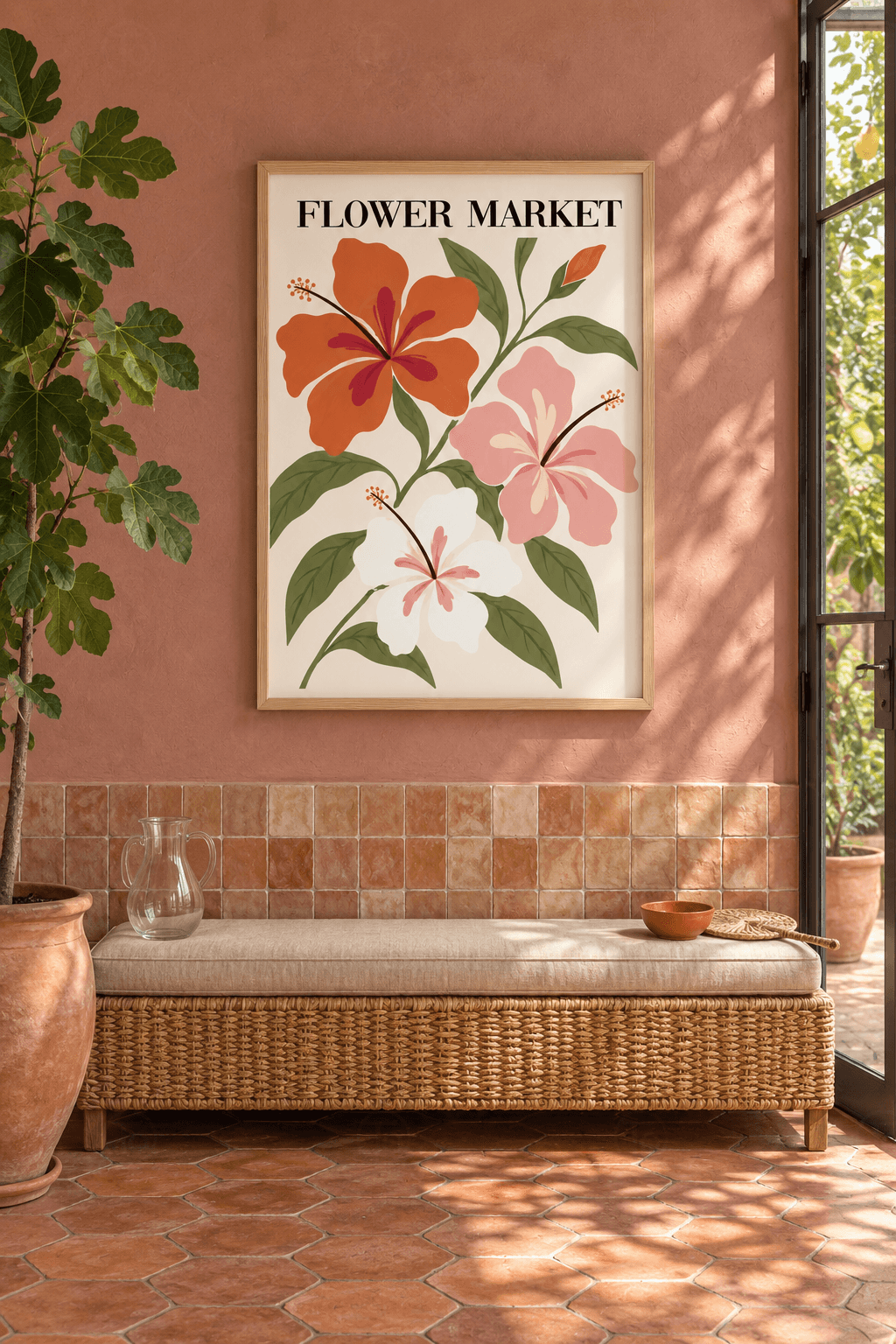 Ahşap çerçeveli hibiskus tablosu — pudra-krem zeminde turuncu, pembe ve beyaz üç hibiskus, zeytin yeşili yapraklar