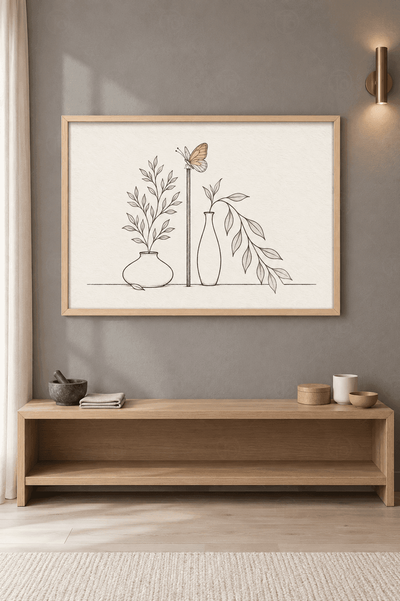 Ahşap çerçeveli line art tablosu — kalem çizgisiyle iki vazo, yapraklı dallar ve çubukta duran pembe kelebek