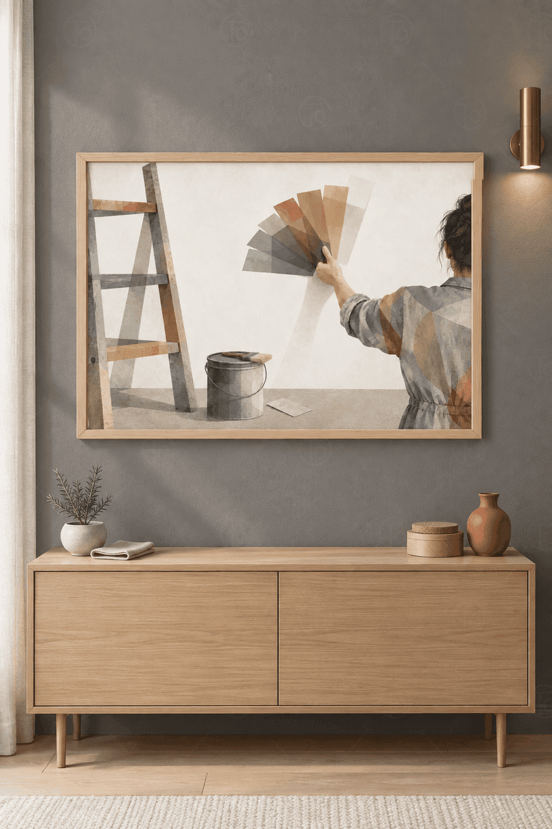 Ahşap çerçeveli modern tablo — duvara renk kartelası tutan sırtı dönük kadın, merdiven ve boya kovası