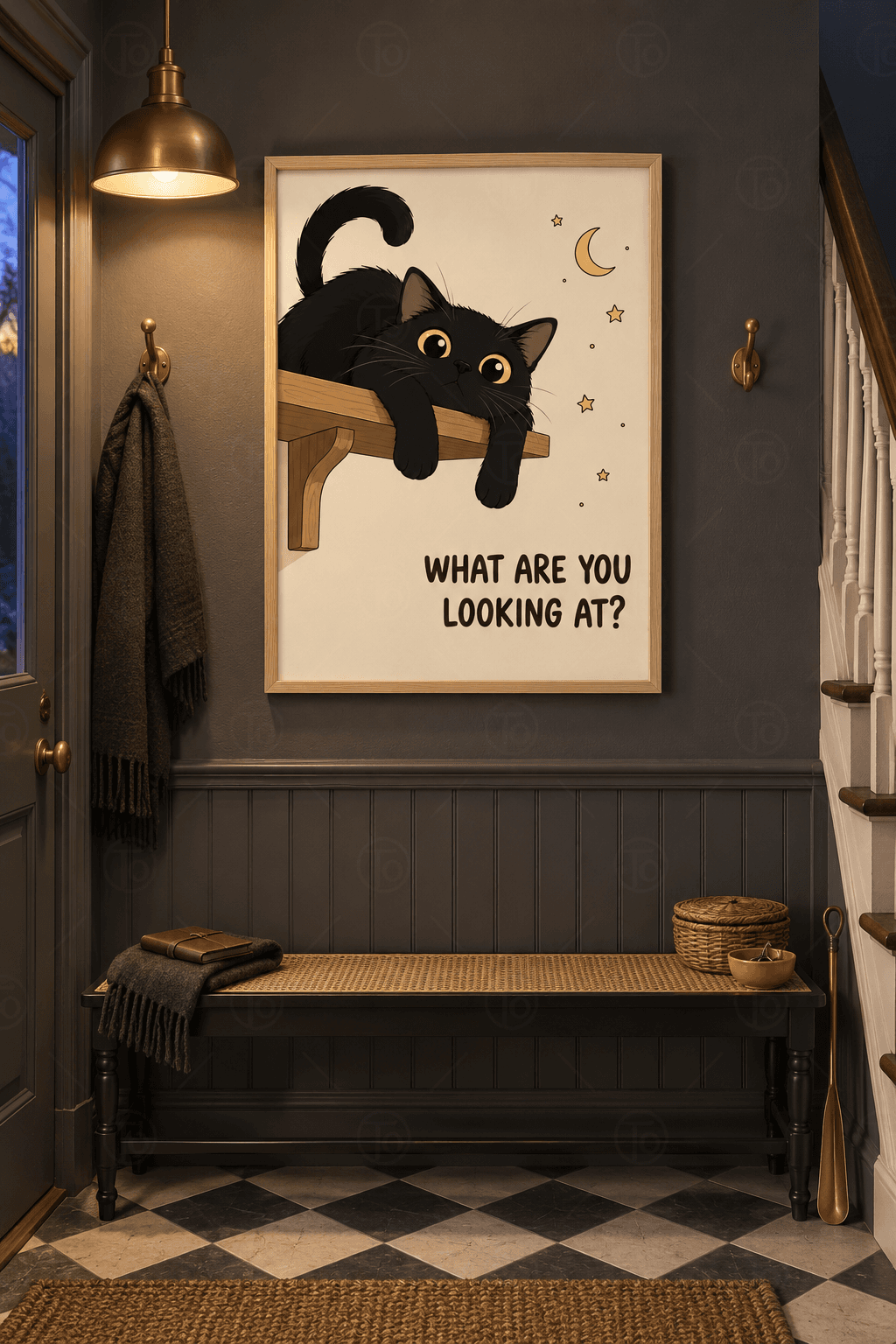 Ahşap çerçeveli kedi tablosu — duvar rafından patilerini sarkıtan kara kedi ve What Are You Looking At yazısı